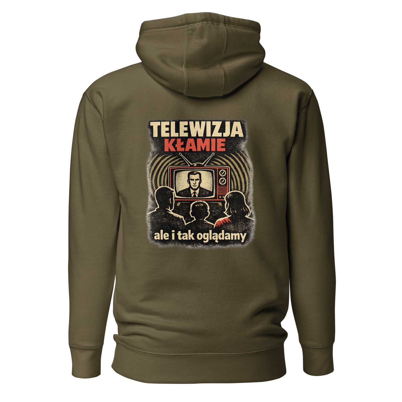 Męska bluza z kapturem kangurka „Telewizja Kłamie” – bluza męska w klimacie PRL z telewizorem retro| Zarn.pl Męska bluza z kapturem kangurka „Telewizja Kłamie” – bluza męska w klimacie PRL z telewizorem retro - obrazek 5