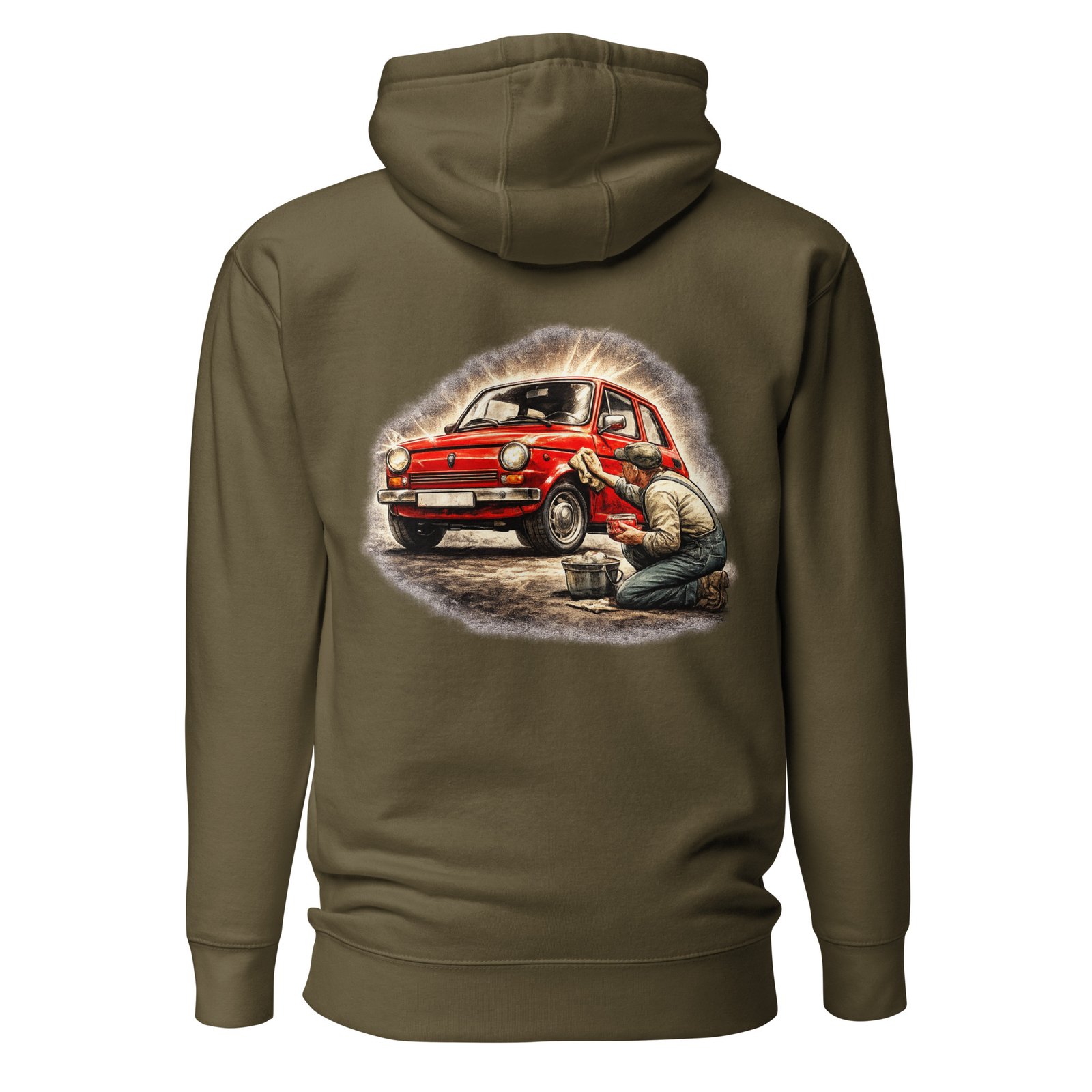 Męska bluza z kapturem „Weekendowy Detailing PRL” – bluza kangurka z klasycznym samochodem retro| Zarn.pl Męska bluza z kapturem „Weekendowy Detailing PRL” – bluza kangurka z klasycznym samochodem retro - obrazek 5