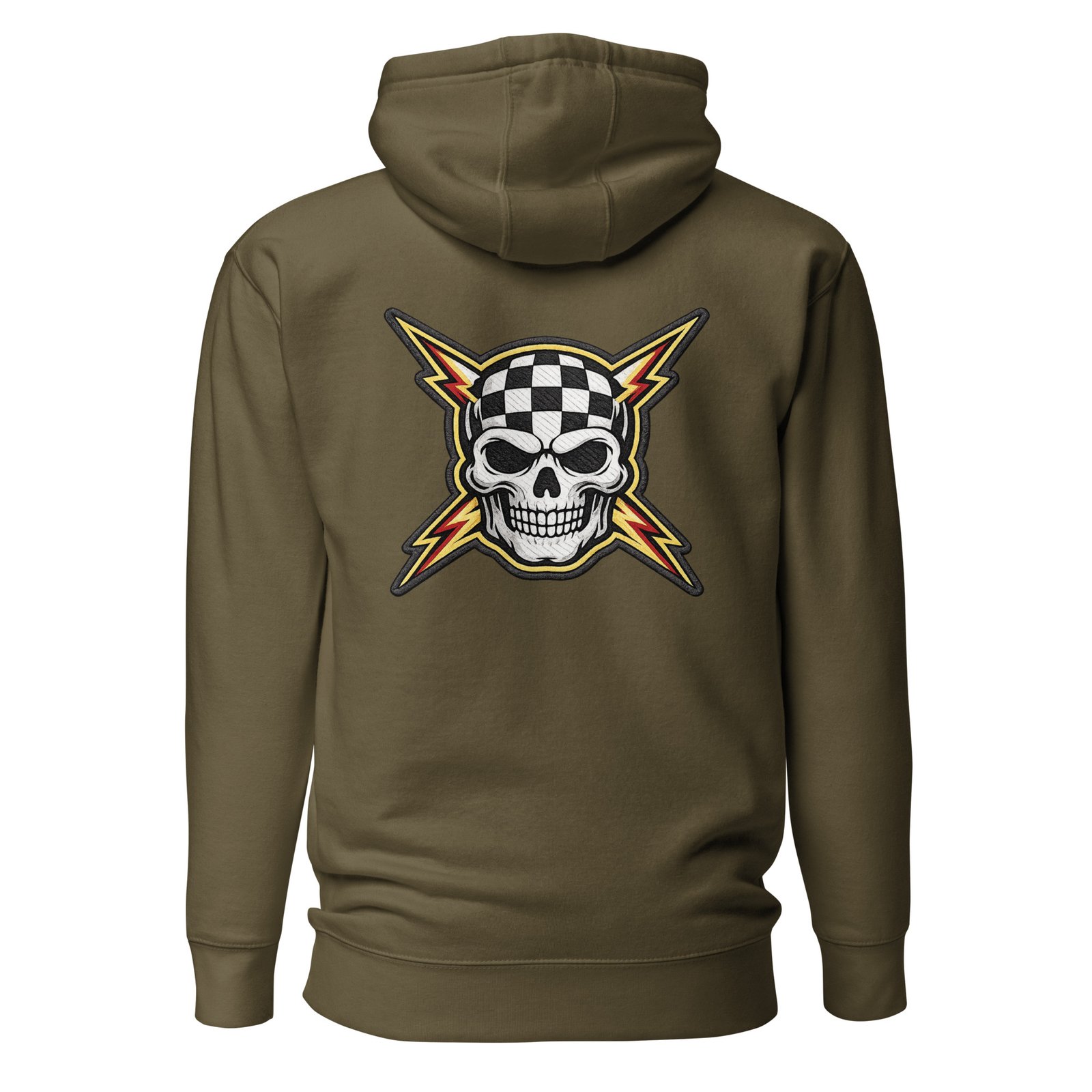 Męska bluza z kapturem kangurka „Czaszka Racing” – bluza męska z czaszką i flagą szachownicy| Zarn.pl Męska bluza z kapturem kangurka „Czaszka Racing” – bluza męska z czaszką i flagą szachownicy - obrazek 5