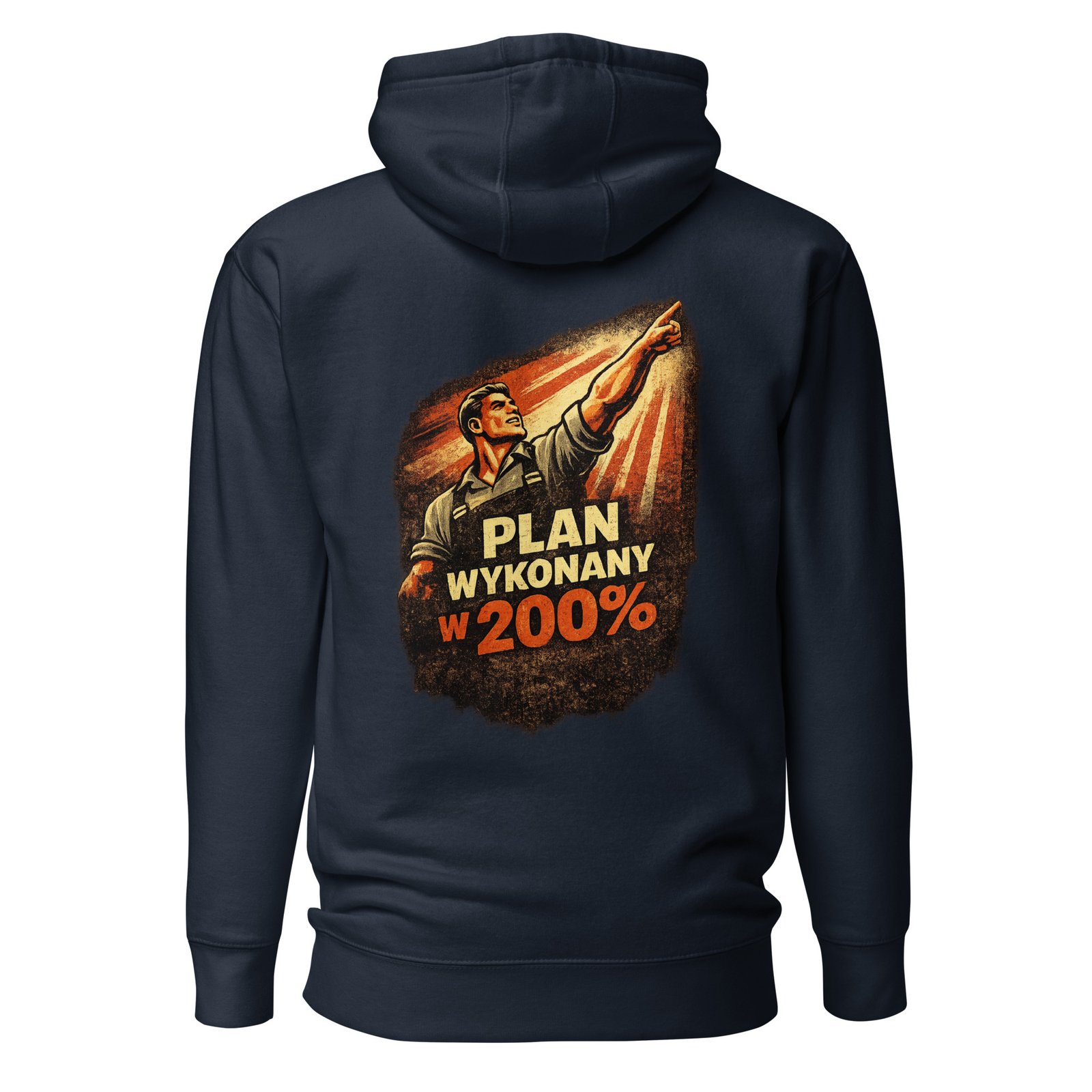 Męska bluza z kapturem kangurka „Plan Wykonany w 200%” – bluza męska w klimacie PRL z robotnikiem propagandowym| Zarn.pl Męska bluza z kapturem kangurka „Plan Wykonany w 200%” – bluza męska w klimacie PRL z robotnikiem propagandowym - obrazek 3