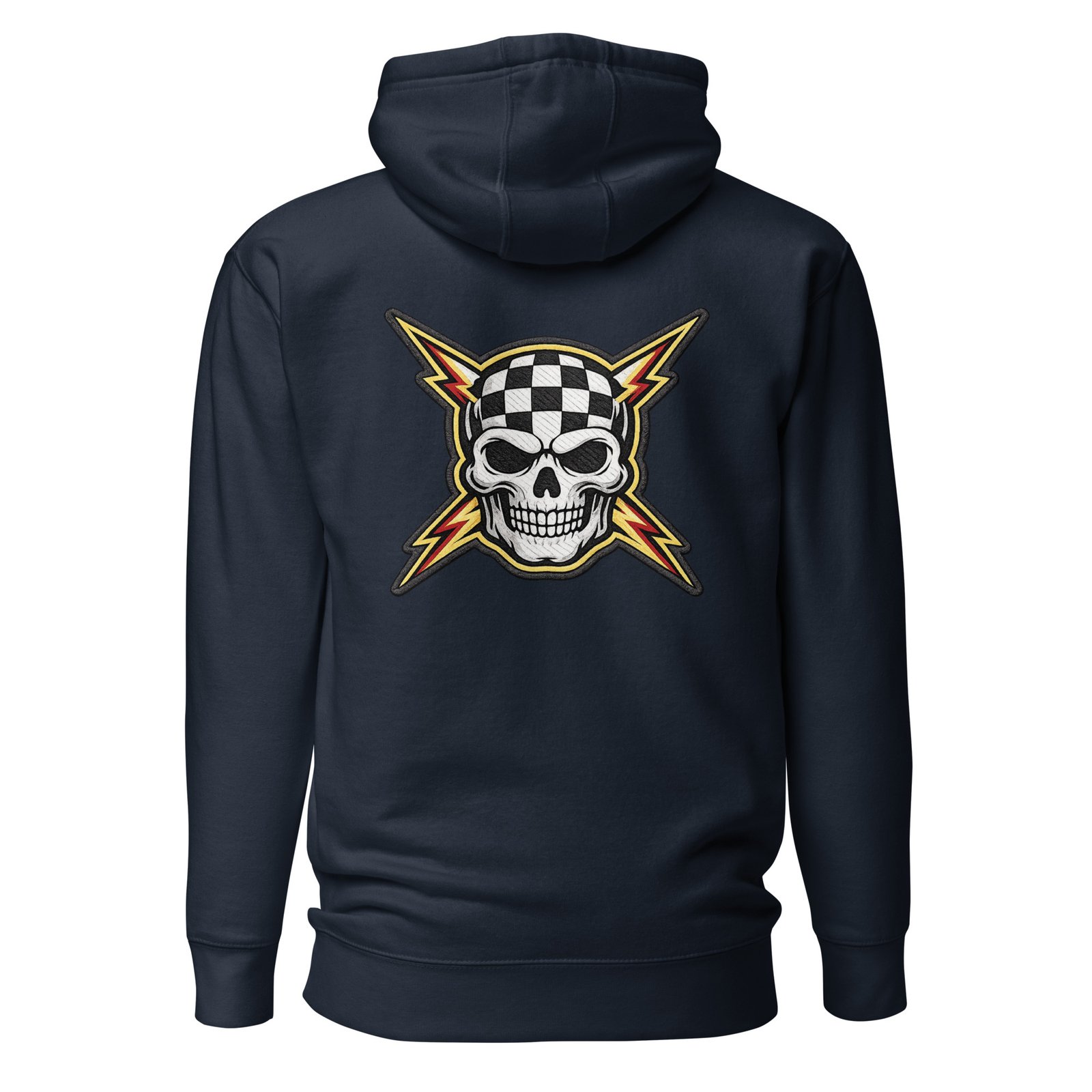Męska bluza z kapturem kangurka „Czaszka Racing” – bluza męska z czaszką i flagą szachownicy| Zarn.pl Męska bluza z kapturem kangurka „Czaszka Racing” – bluza męska z czaszką i flagą szachownicy - obrazek 3