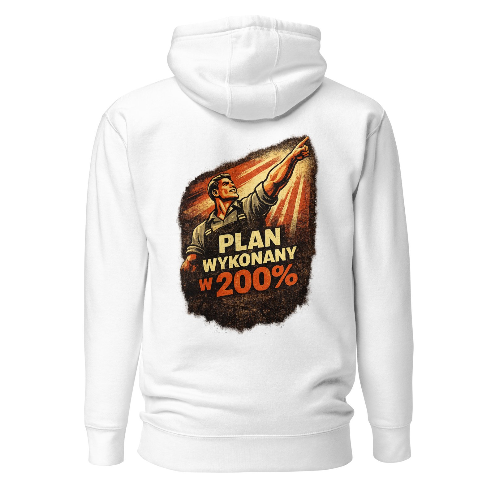 Męska bluza z kapturem kangurka „Plan Wykonany w 200%” – bluza męska w klimacie PRL z robotnikiem propagandowym| Zarn.pl Męska bluza z kapturem kangurka „Plan Wykonany w 200%” – bluza męska w klimacie PRL z robotnikiem propagandowym - obrazek 7