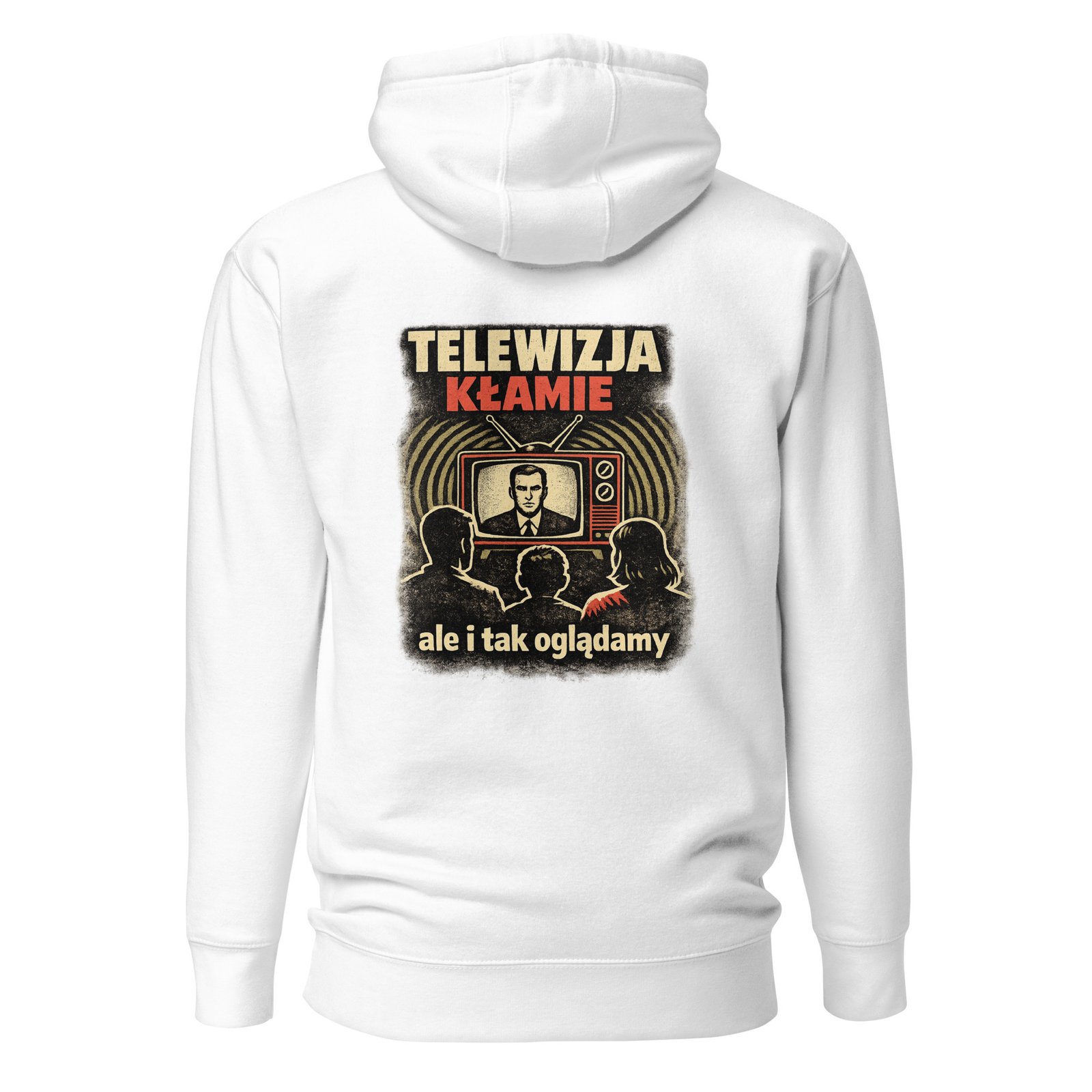 Męska bluza z kapturem kangurka „Telewizja Kłamie” – bluza męska w klimacie PRL z telewizorem retro| Zarn.pl Męska bluza z kapturem kangurka „Telewizja Kłamie” – bluza męska w klimacie PRL z telewizorem retro - obrazek 7