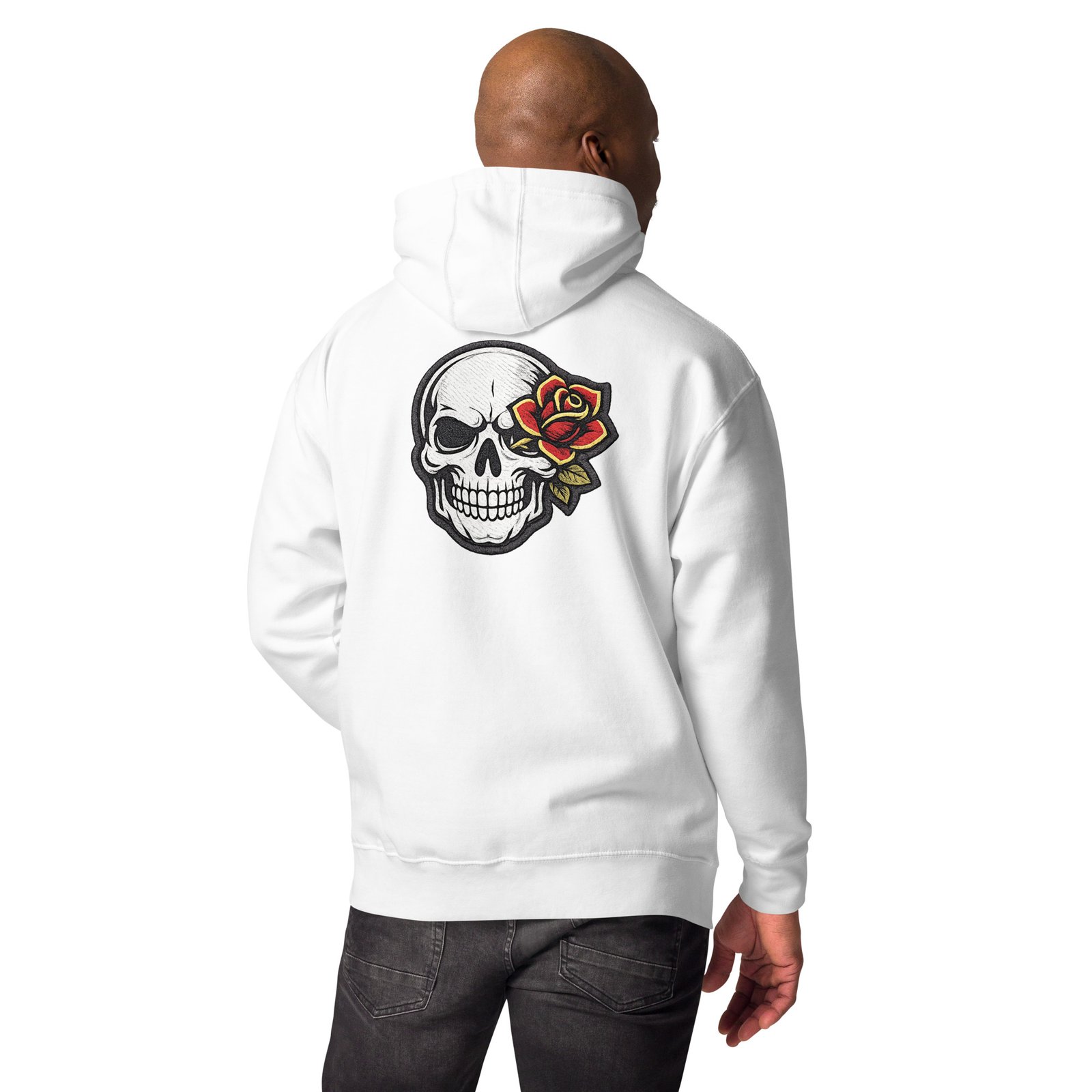 Bluza męska z kapturem „Skull Rose” – bluza męska z nadrukiem czaszki i czerwonej róży| Zarn.pl bluza męska z nadrukiem czaszki i czerwonej róży