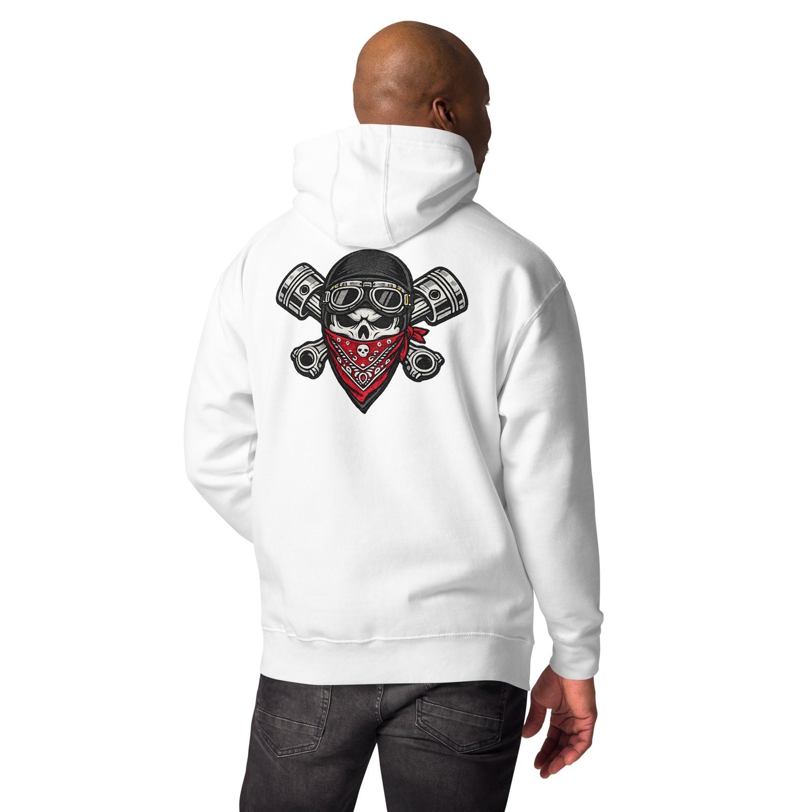 Męska bluza z kapturem kangurka „Czaszka Motocyklisty z Tłokami” – bluza męska z motocyklową grafiką biker| Zarn.pl bluza męska z kapturem z motocyklową grafiką czaszki i tłoków