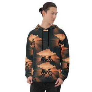 męska bluza z kapturem z grafiką roweru bikepackingowego o zachodzie słońca