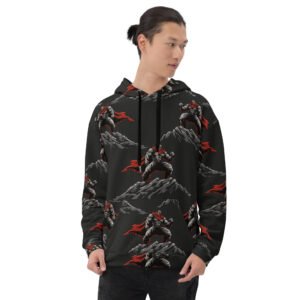 męska bluza z kapturem z grafiką muskularnego wojownika na górskim szczycie