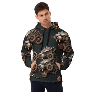 męska bluza z kapturem z grafiką mechanicznego drapieżnika w stylu steampunk