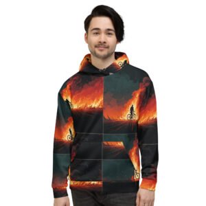 męska bluza z grafiką rowerzysty na tle ściany ognia