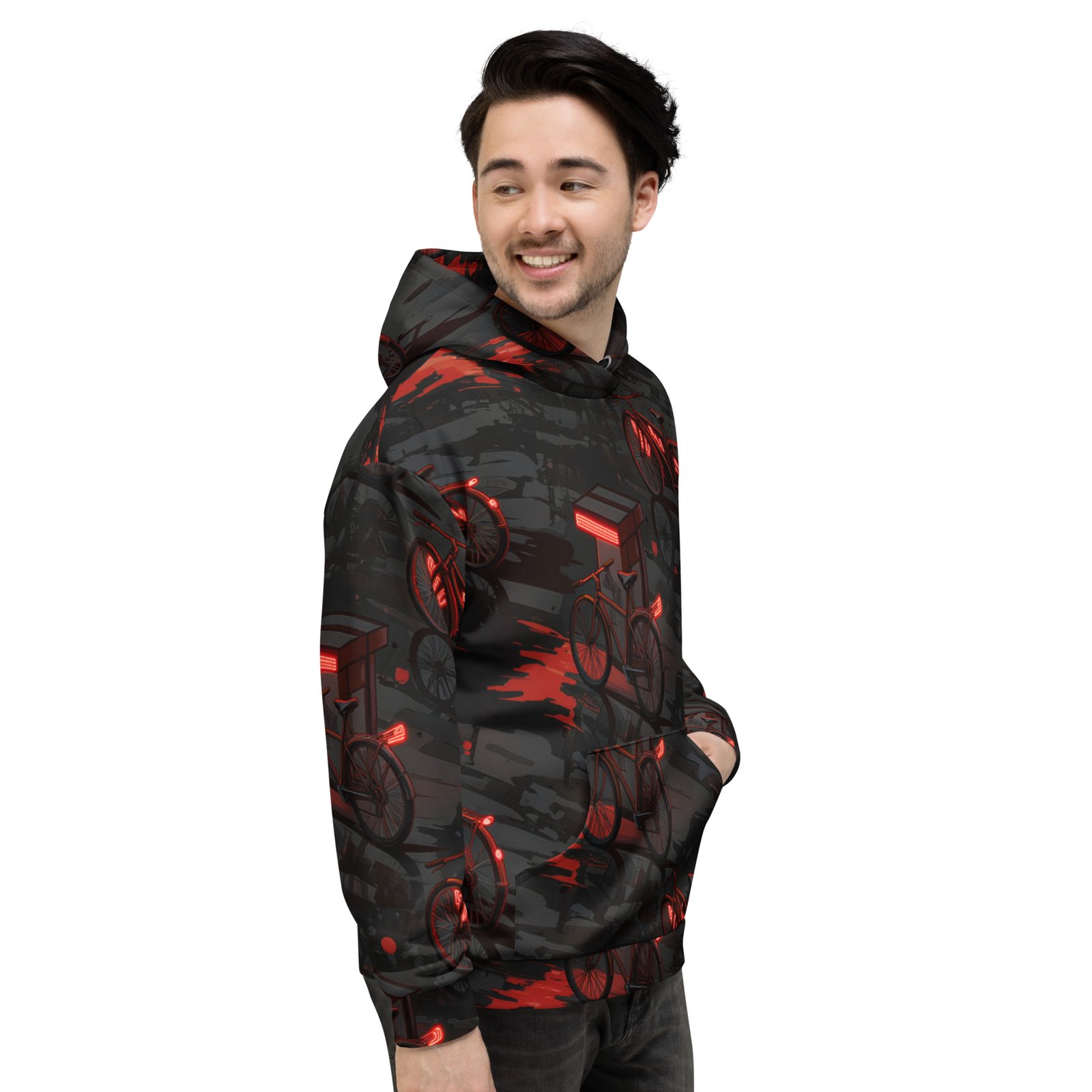 Męska bluza z kapturem z grafiką miejskiego roweru w neonowym stylu| Zarn.pl Męska bluza z kapturem z grafiką miejskiego roweru w neonowym stylu - obrazek 8