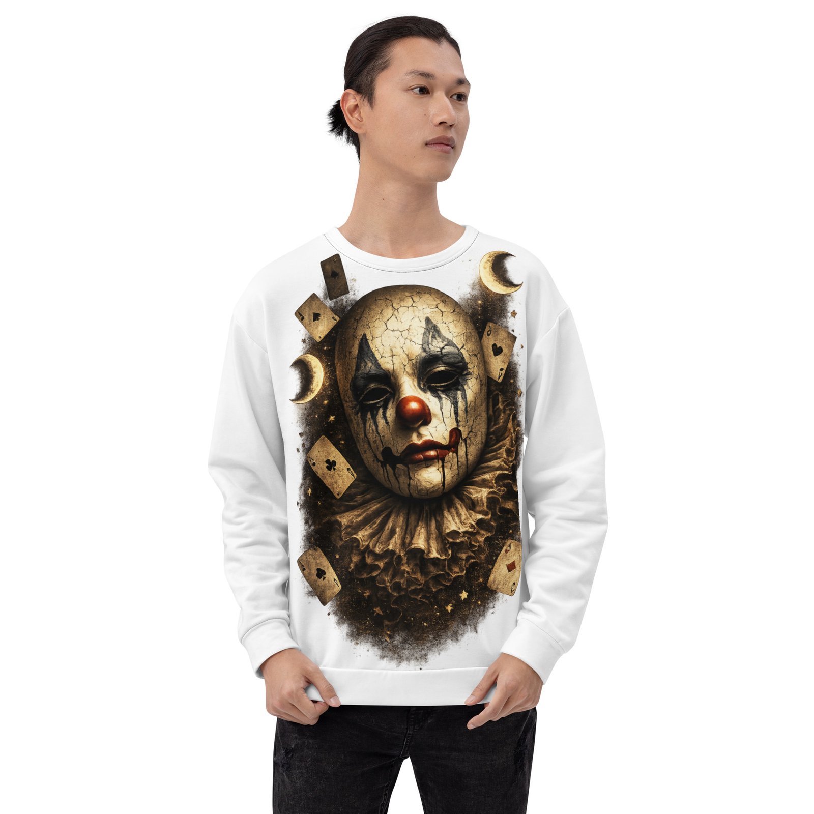 Męska bluza z grafiką smutnego klauna i kart do gry – bluza męska w mrocznym stylu| Zarn.pl bluza męska z grafiką smutnego klauna i kart do gry
