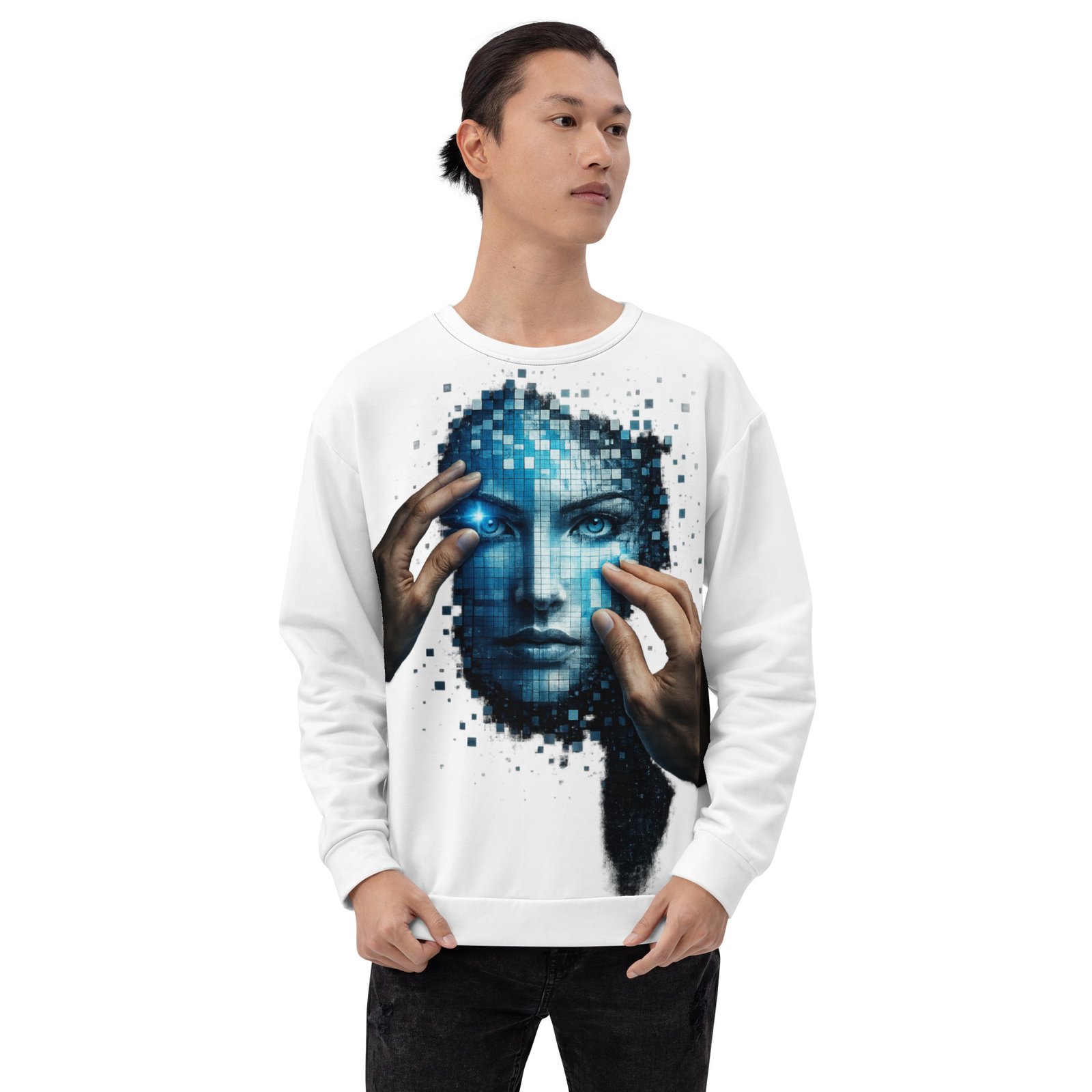 Męska bluza z grafiką futurystycznej twarzy AI – bluza męska w stylu cyberpunk| Zarn.pl bluza męska z grafiką futurystycznej twarzy AI