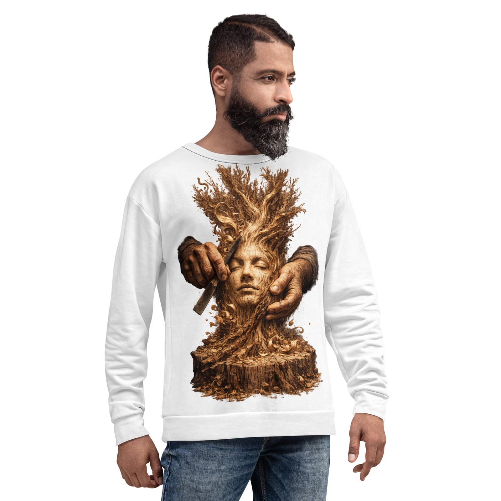 Męska bluza z grafiką drewnianej twarzy wyrzeźbionej w pniu – bluza męska inspirowana naturą i sztuką| Zarn.pl bluza męska z grafiką drewnianej twarzy wyrzeźbionej w pniu