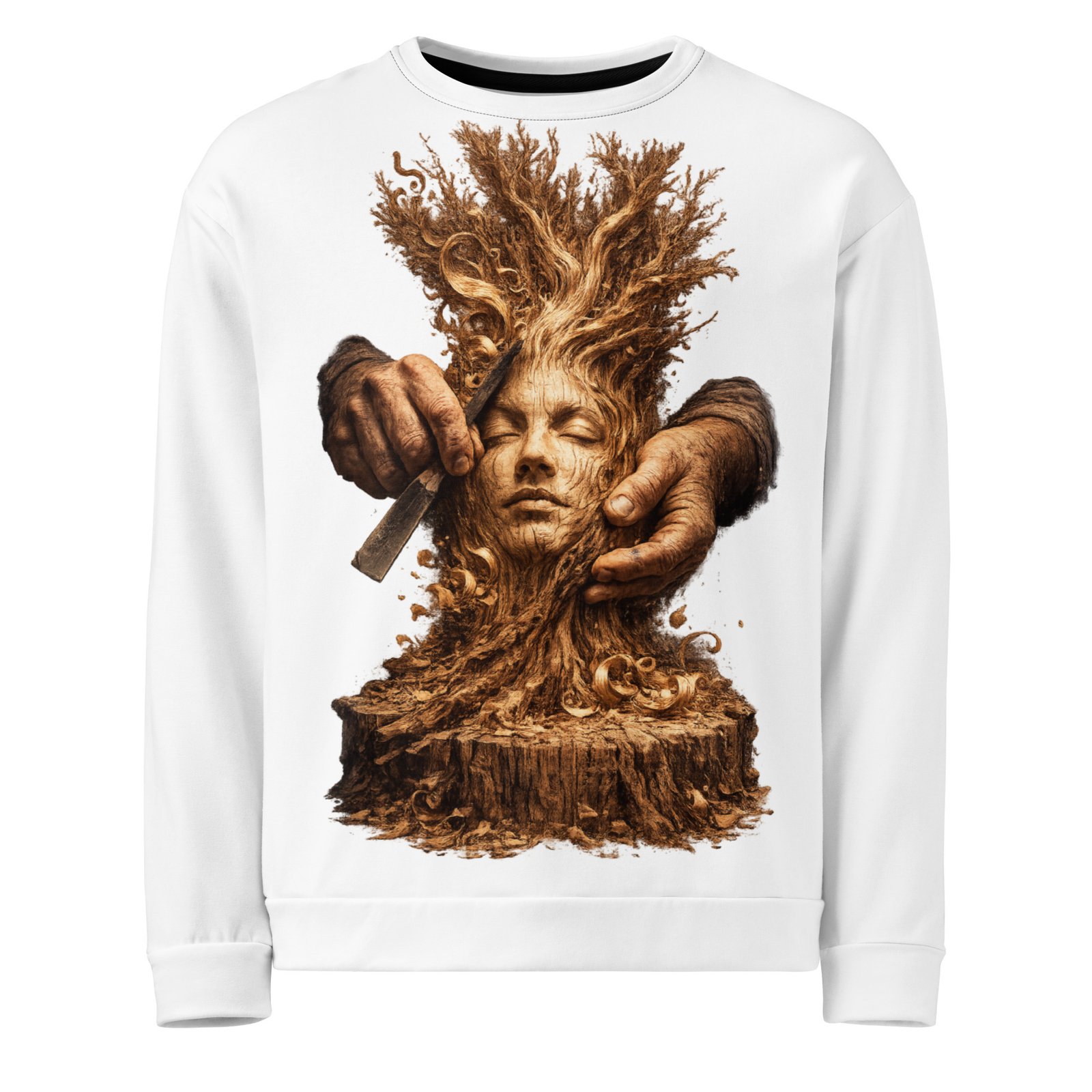 Męska bluza z grafiką drewnianej twarzy wyrzeźbionej w pniu – bluza męska inspirowana naturą i sztuką| Zarn.pl Męska bluza z grafiką drewnianej twarzy wyrzeźbionej w pniu – bluza męska inspirowana naturą i sztuką - obrazek 2