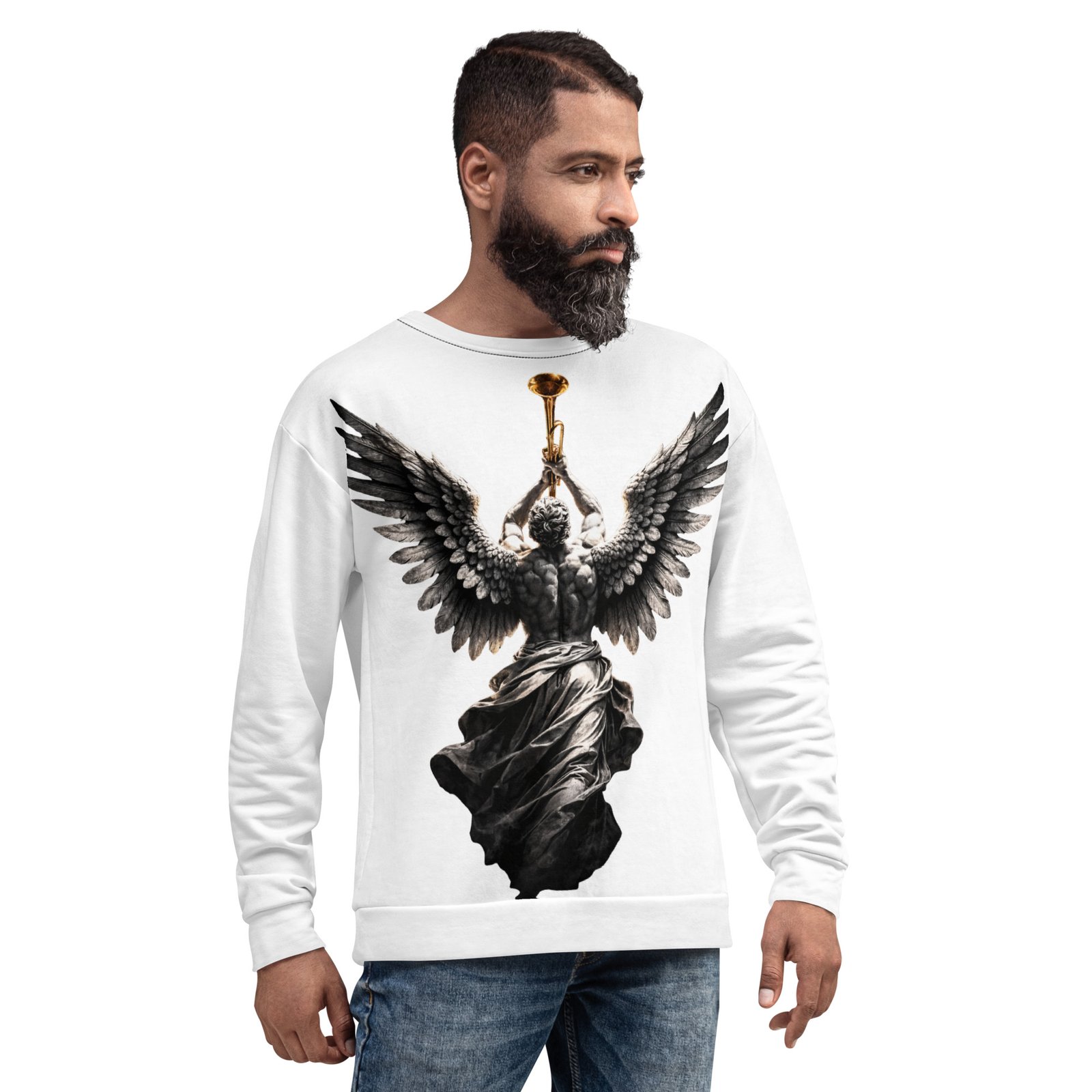 Męska bluza z grafiką anioła grającego na trąbie – bluza męska z aniołem i trąbą| Zarn.pl bluza męska z aniołem i trąbą