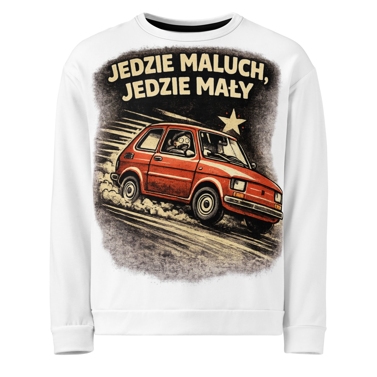 Męska bluza z grafiką Fiata 126p „Jedzie Maluch, Jedzie Mały” – bluza męska PRL z kultowym Maluchem| Zarn.pl Męska bluza z grafiką Fiata 126p „Jedzie Maluch, Jedzie Mały” – bluza męska PRL z kultowym Maluchem - obrazek 2