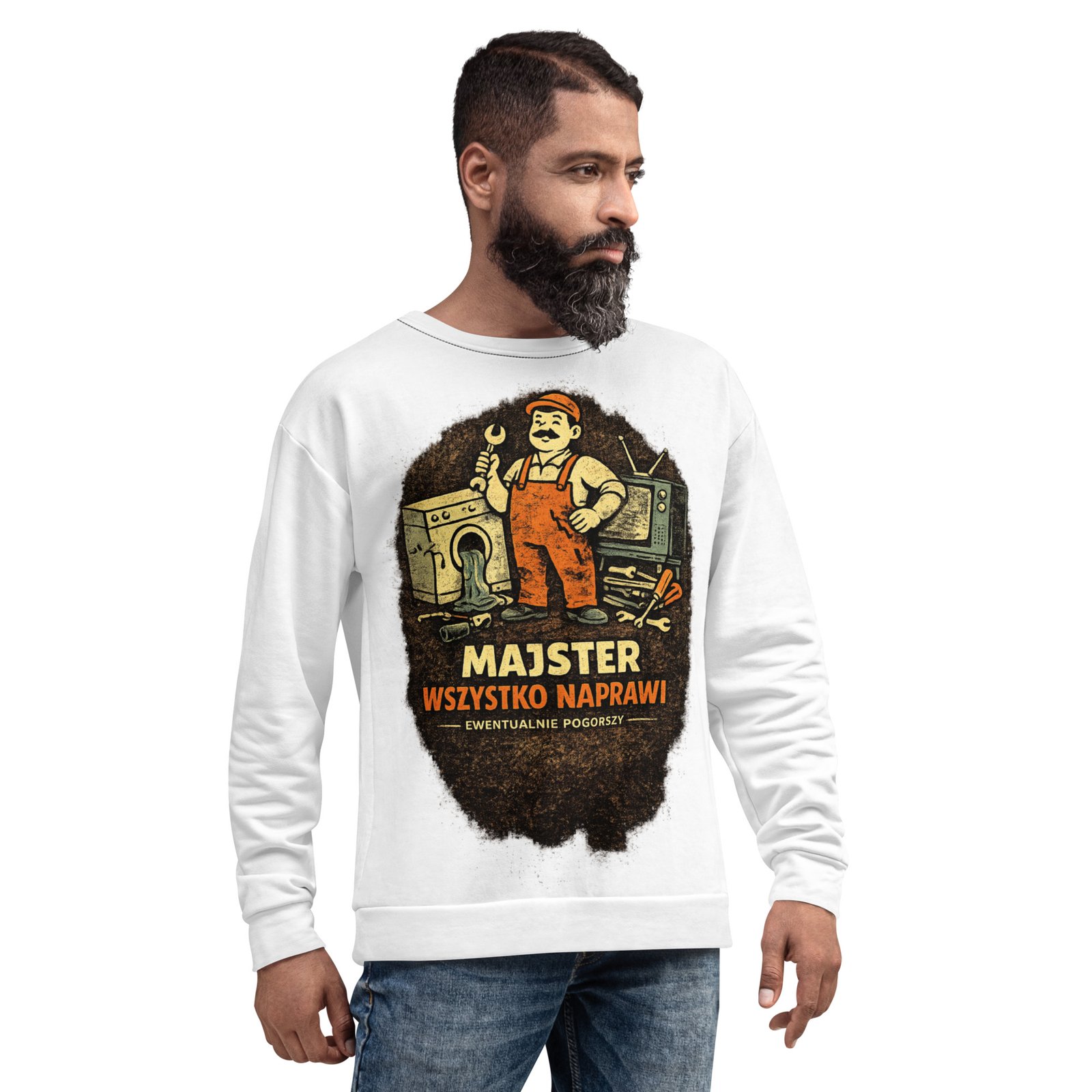 Męska bluza z grafiką „Majster Wszystko Naprawi” – bluza męska PRL z zabawnym mechanikiem| Zarn.pl bluza męska z grafiką Majster Wszystko Naprawi