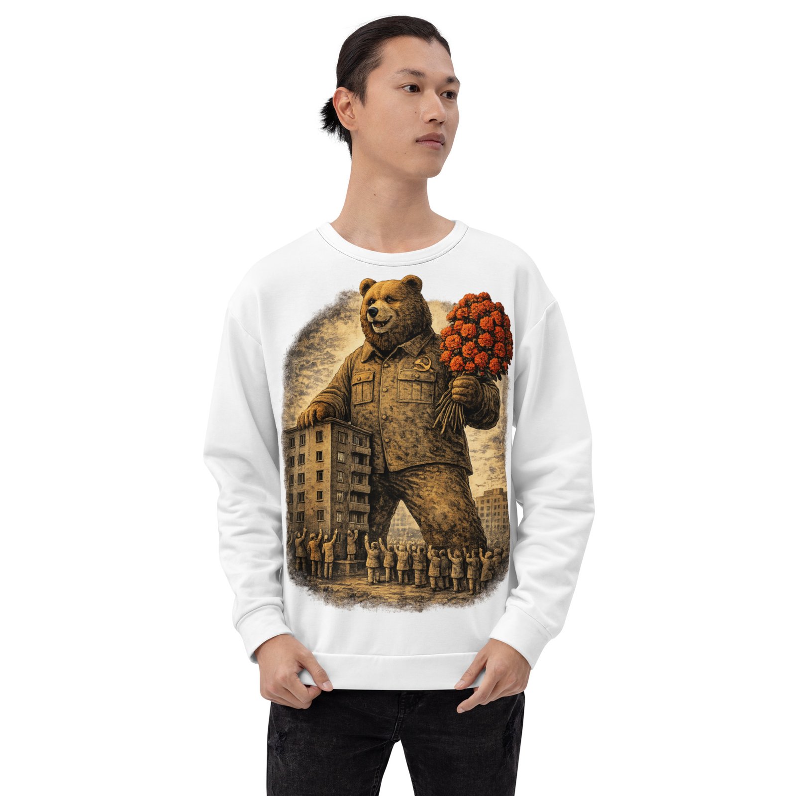 Męska bluza z grafiką niedźwiedzia w mundurze PRL – bluza męska retro z ironiczną grafiką| Zarn.pl bluza męska z grafiką niedźwiedzia w mundurze PRL