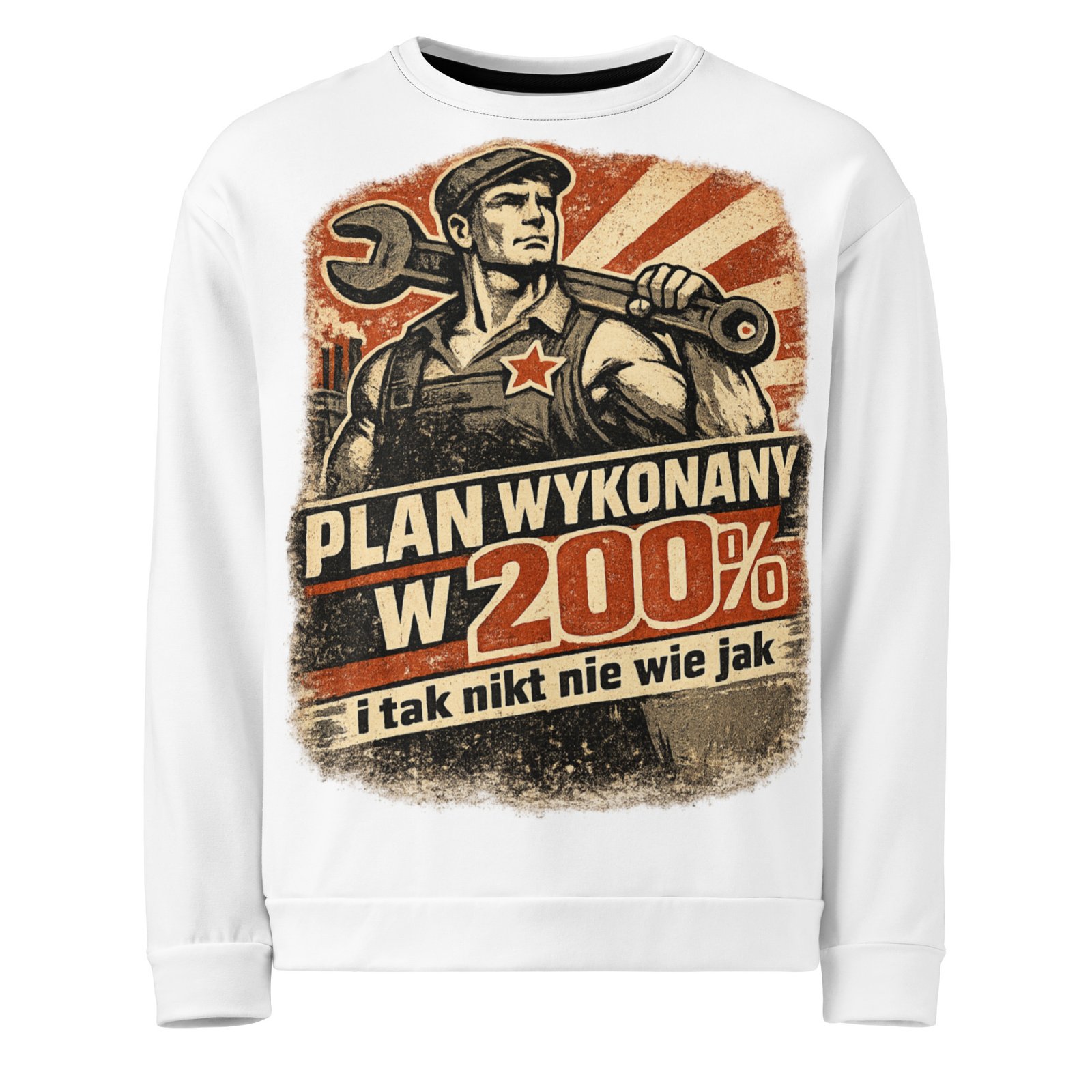 Męska bluza z grafiką „Plan Wykonany w 200% i tak nikt nie wie jak” – bluza męska PRL z robotnikiem| Zarn.pl Męska bluza z grafiką „Plan Wykonany w 200% i tak nikt nie wie jak” – bluza męska PRL z robotnikiem - obrazek 2