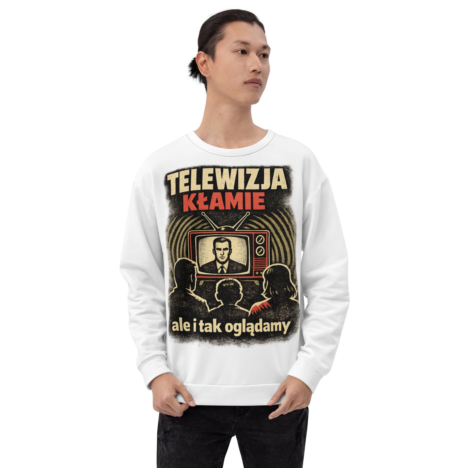 Męska bluza z grafiką „Telewizja kłamie, ale i tak oglądamy” – bluza męska PRL z motywem telewizora| Zarn.pl bluza męska PRL z grafiką Telewizja kłamie