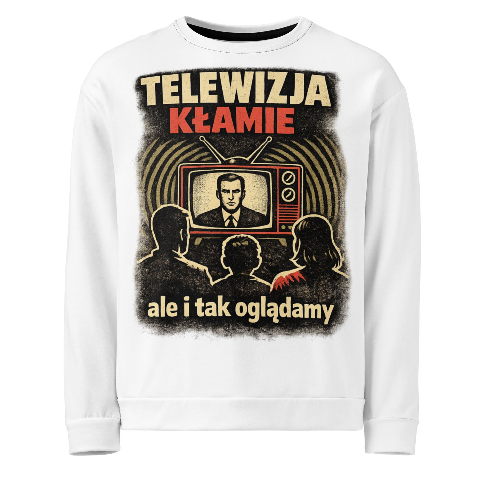 Męska bluza z grafiką „Telewizja kłamie, ale i tak oglądamy” – bluza męska PRL z motywem telewizora| Zarn.pl Męska bluza z grafiką „Telewizja kłamie, ale i tak oglądamy” – bluza męska PRL z motywem telewizora - obrazek 2