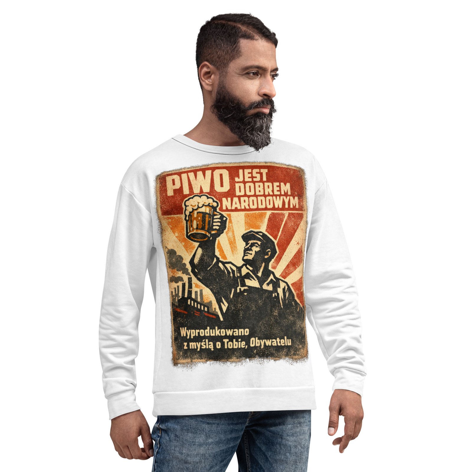 Męska bluza PRL „Piwo jest dobrem narodowym” – bluza męska z grafiką piwa retro| Zarn.pl bluza męska z grafiką piwa PRL