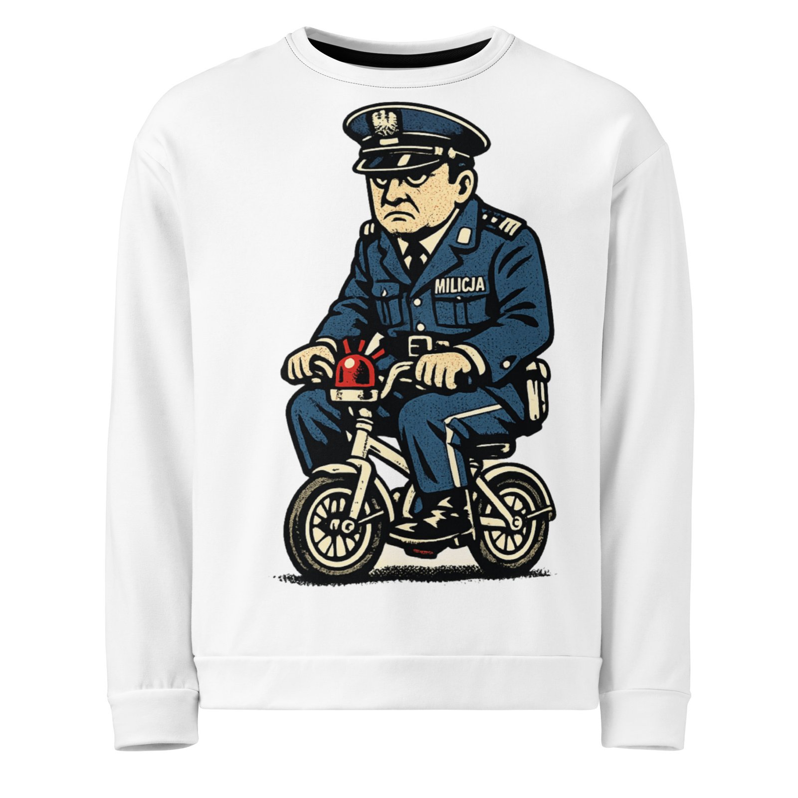 Męska bluza PRL z grafika milicjanta na rowerku – humorystyczna bluza retro| Zarn.pl Męska bluza PRL z grafika milicjanta na rowerku – humorystyczna bluza retro - obrazek 2