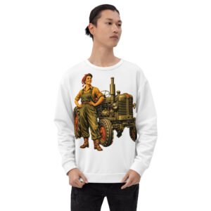 męska bluza PRL z grafiką kobiety przy traktorze