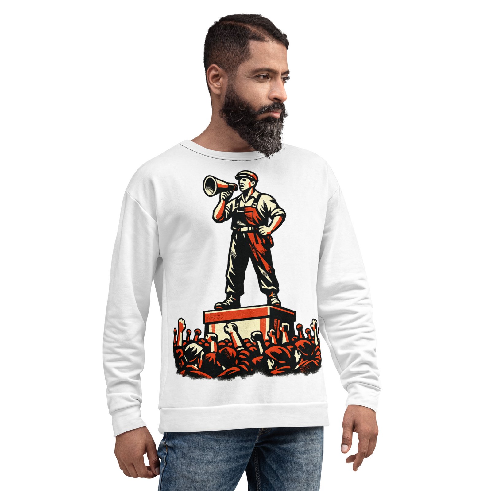 Męska bluza PRL z grafiką robotnika z megafonem – bluza retro w stylu propagandowym| Zarn.pl męska bluza PRL z grafiką robotnika z megafonem