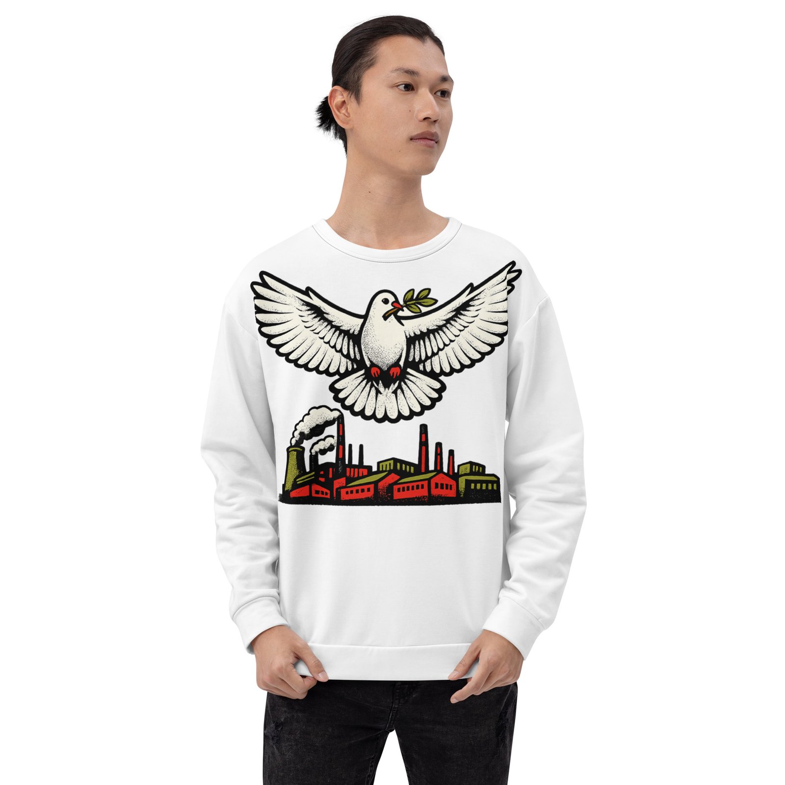 Męska bluza PRL z grafiką gołębia pokoju nad fabryką – bluza retro| Zarn.pl męska bluza PRL z grafiką gołębia pokoju nad fabryką