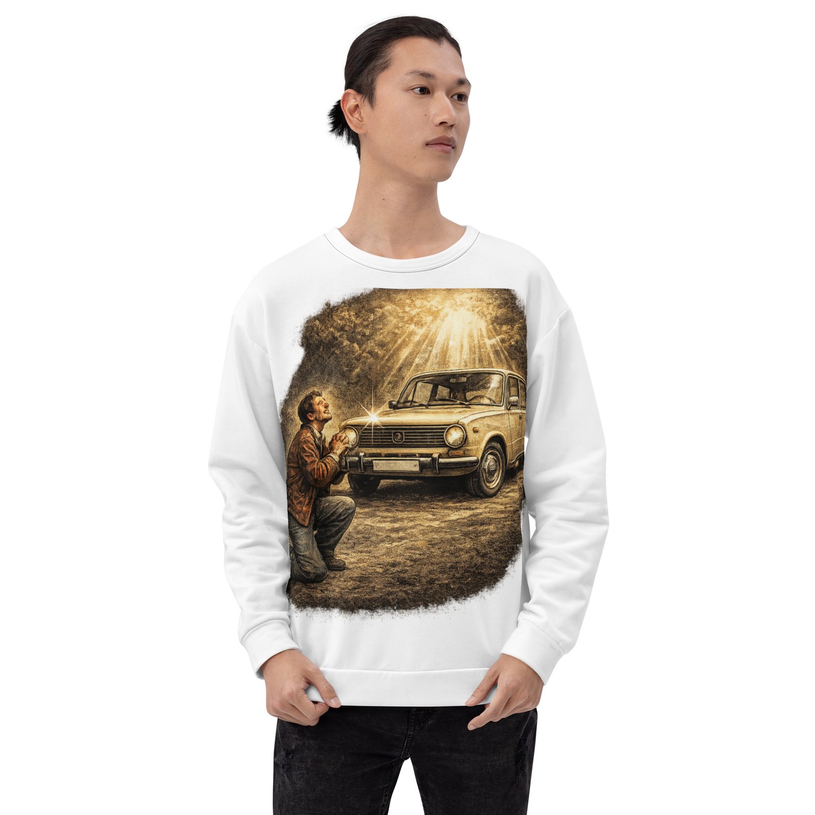 Męska bluza PRL z klasyczym samochodem „Motoryzacyjna modlitwa” – bluza męska z grafiką retro| Zarn.pl męska bluza PRL z klasyczym samochodem