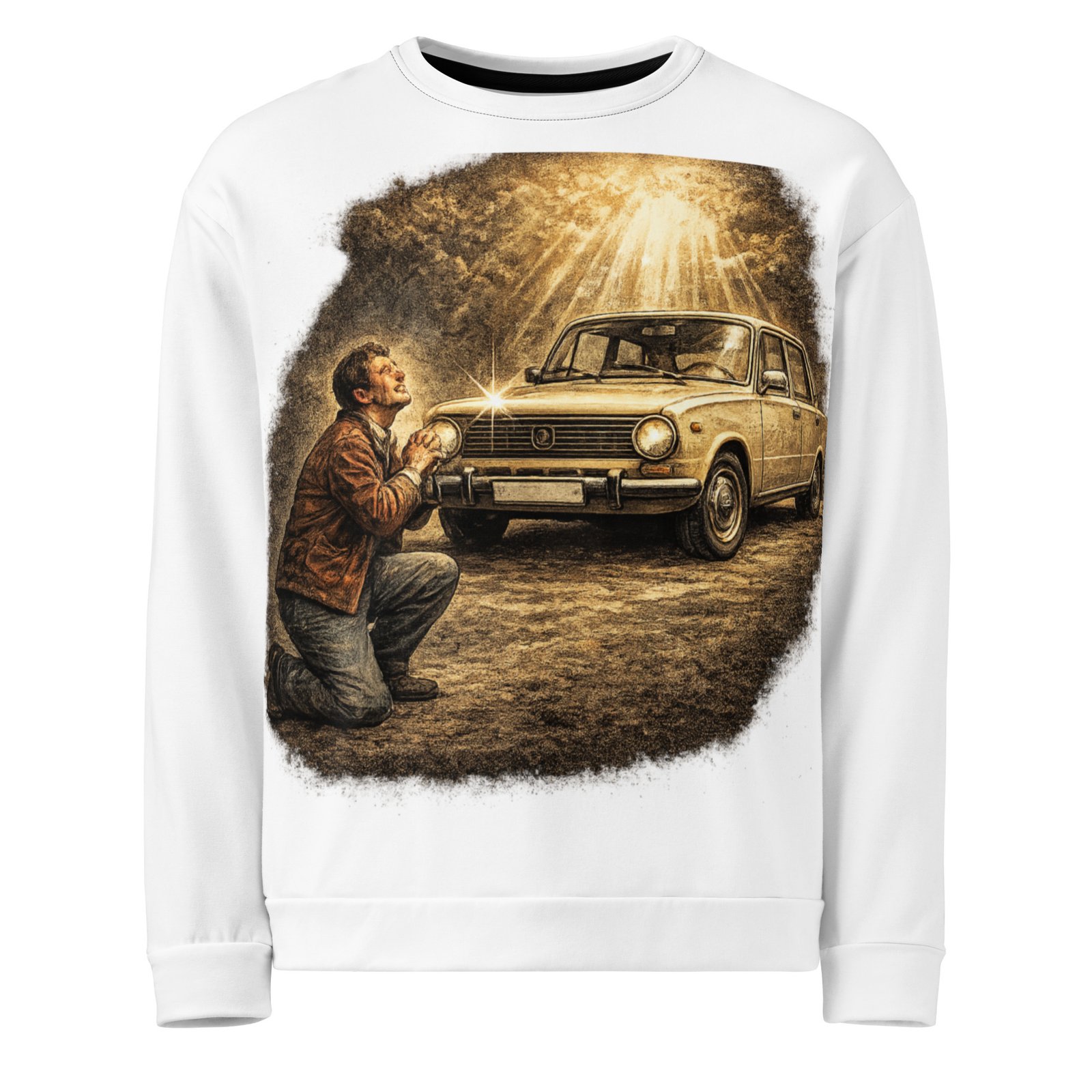 Męska bluza PRL z klasyczym samochodem „Motoryzacyjna modlitwa” – bluza męska z grafiką retro| Zarn.pl Męska bluza PRL z klasyczym samochodem „Motoryzacyjna modlitwa” – bluza męska z grafiką retro - obrazek 2