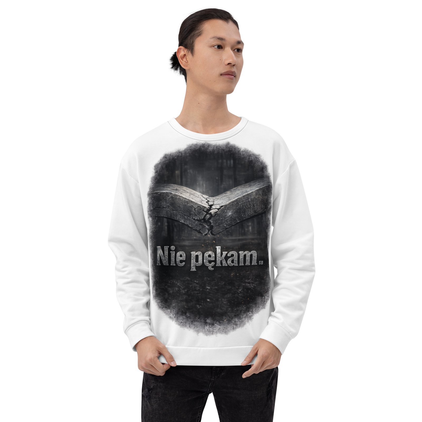 Męska bluza z grafiką „Nie pękam.” – bluza męska motywacyjna z pękającym drewnem| Zarn.pl bluza męska motywacyjna z napisem Nie pękam