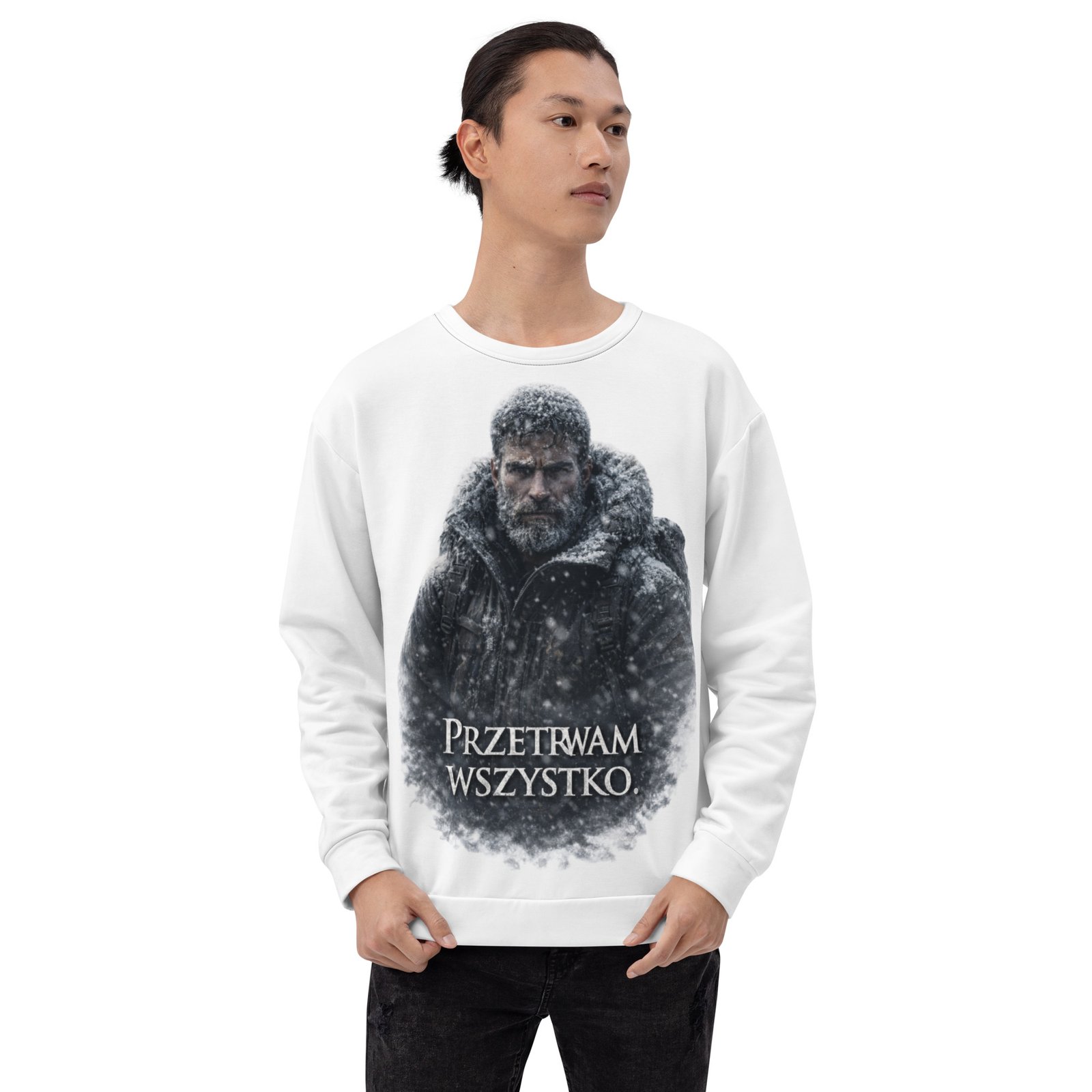 Męska bluza z grafiką „Przetrwam wszystko.” – bluza męska motywacyjna z podróżnikiem w zimowej scenerii| Zarn.pl bluza męska motywacyjna z podróżnikiem