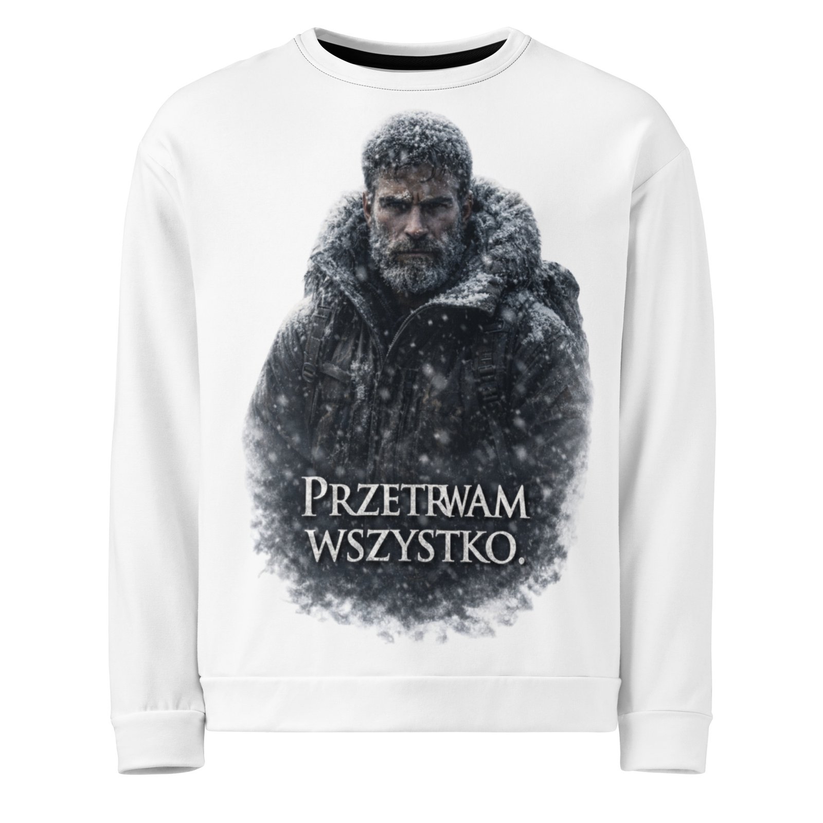 Męska bluza z grafiką „Przetrwam wszystko.” – bluza męska motywacyjna z podróżnikiem w zimowej scenerii| Zarn.pl Męska bluza z grafiką „Przetrwam wszystko.” – bluza męska motywacyjna z podróżnikiem w zimowej scenerii - obrazek 2