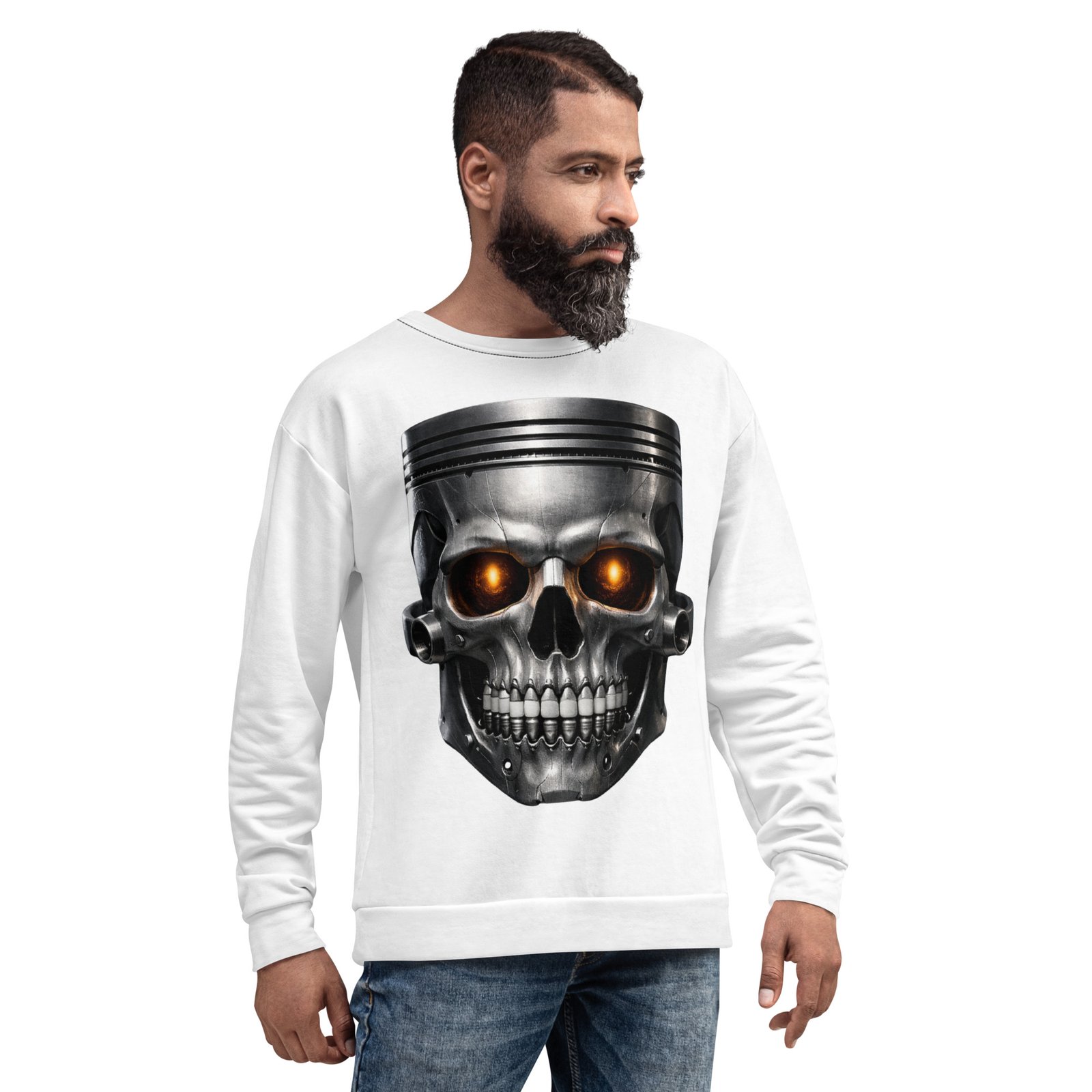 Bluza męska z grafiką metalowej czaszki z tłokiem silnika| Zarn.pl bluza męska z grafiką metalowej czaszki z tłokiem silnika