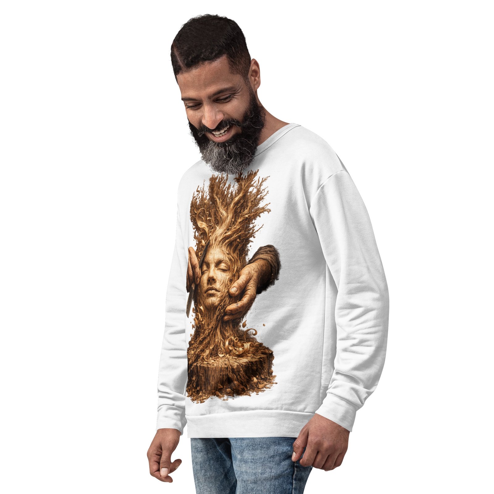 Męska bluza z grafiką drewnianej twarzy wyrzeźbionej w pniu – bluza męska inspirowana naturą i sztuką| Zarn.pl Męska bluza z grafiką drewnianej twarzy wyrzeźbionej w pniu – bluza męska inspirowana naturą i sztuką - obrazek 8