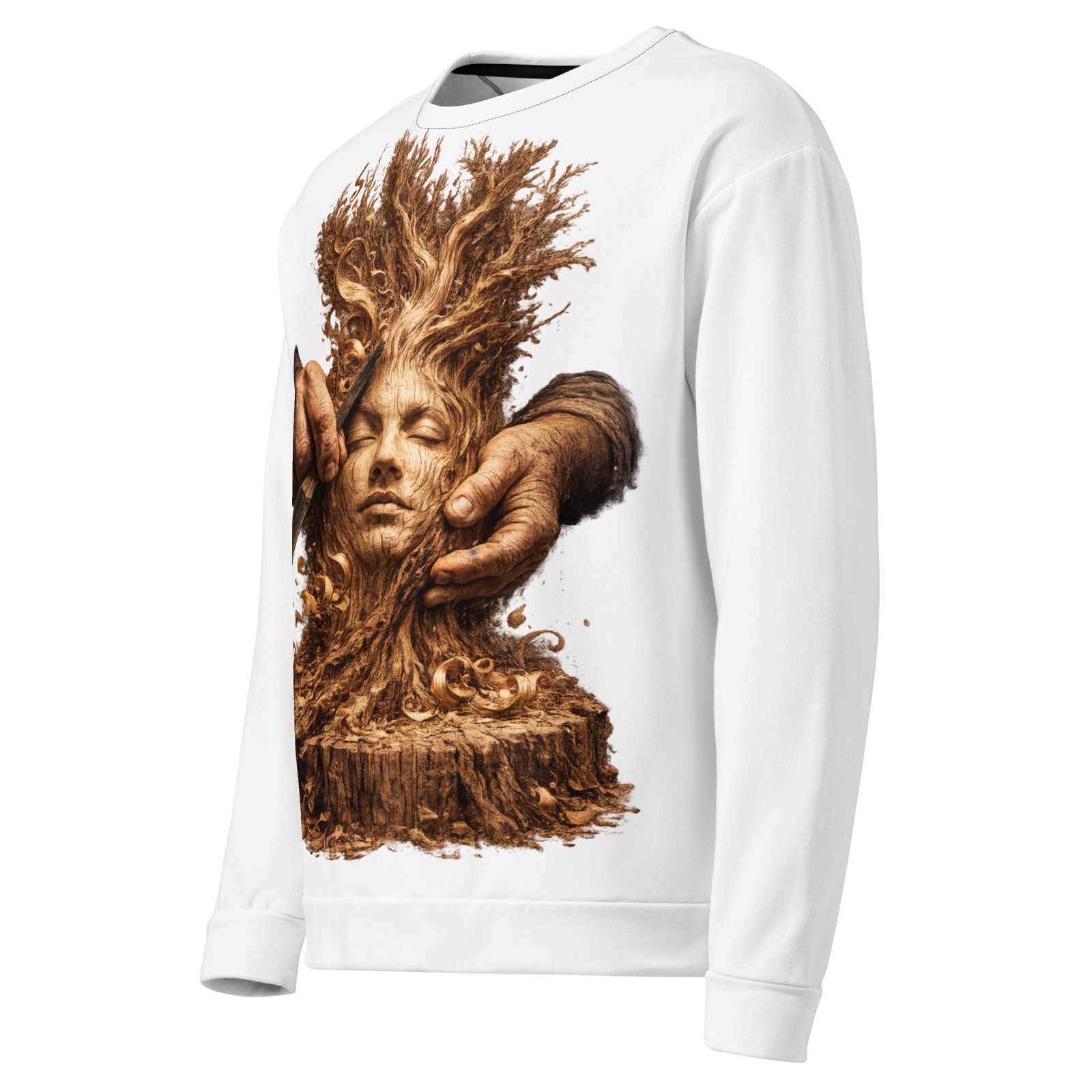 Męska bluza z grafiką drewnianej twarzy wyrzeźbionej w pniu – bluza męska inspirowana naturą i sztuką| Zarn.pl Męska bluza z grafiką drewnianej twarzy wyrzeźbionej w pniu – bluza męska inspirowana naturą i sztuką - obrazek 4