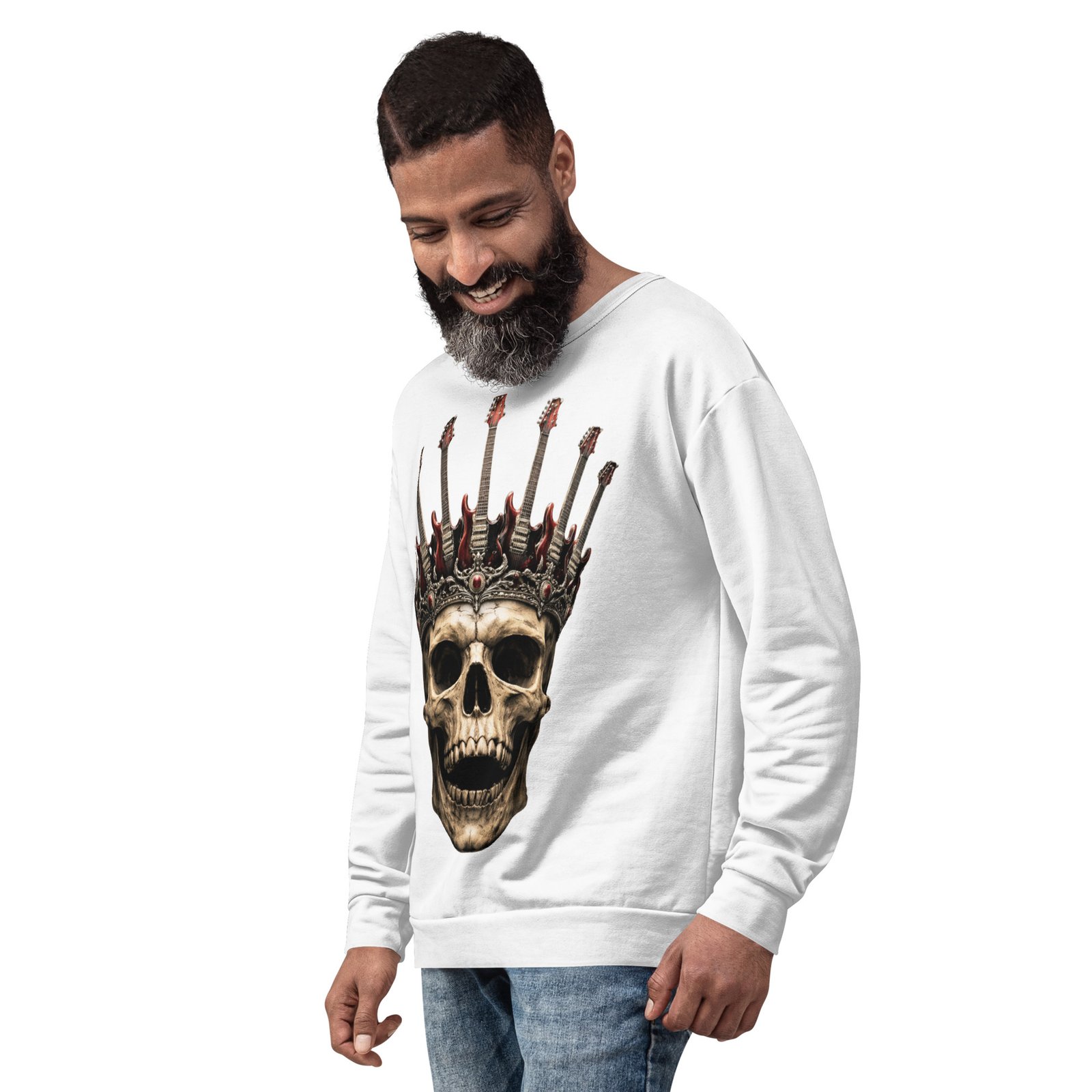 Męska bluza z grafiką czaszki w koronie z gitar – bluza męska z czaszką i gitarami| Zarn.pl Męska bluza z grafiką czaszki w koronie z gitar – bluza męska z czaszką i gitarami - obrazek 8