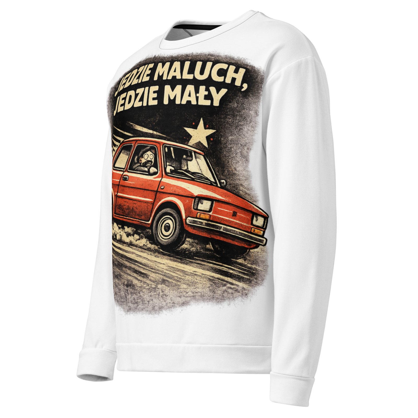 Męska bluza z grafiką Fiata 126p „Jedzie Maluch, Jedzie Mały” – bluza męska PRL z kultowym Maluchem| Zarn.pl Męska bluza z grafiką Fiata 126p „Jedzie Maluch, Jedzie Mały” – bluza męska PRL z kultowym Maluchem - obrazek 4