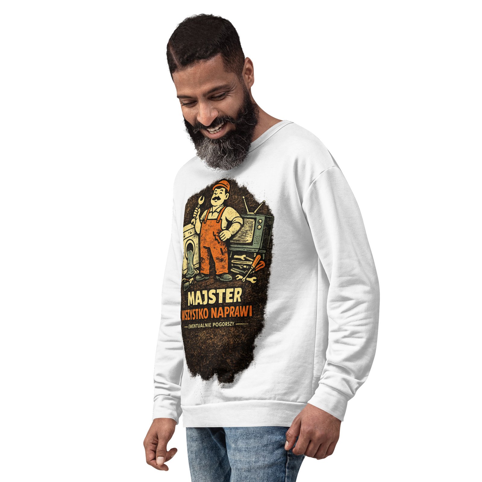 Męska bluza z grafiką „Majster Wszystko Naprawi” – bluza męska PRL z zabawnym mechanikiem| Zarn.pl Męska bluza z grafiką „Majster Wszystko Naprawi” – bluza męska PRL z zabawnym mechanikiem - obrazek 8
