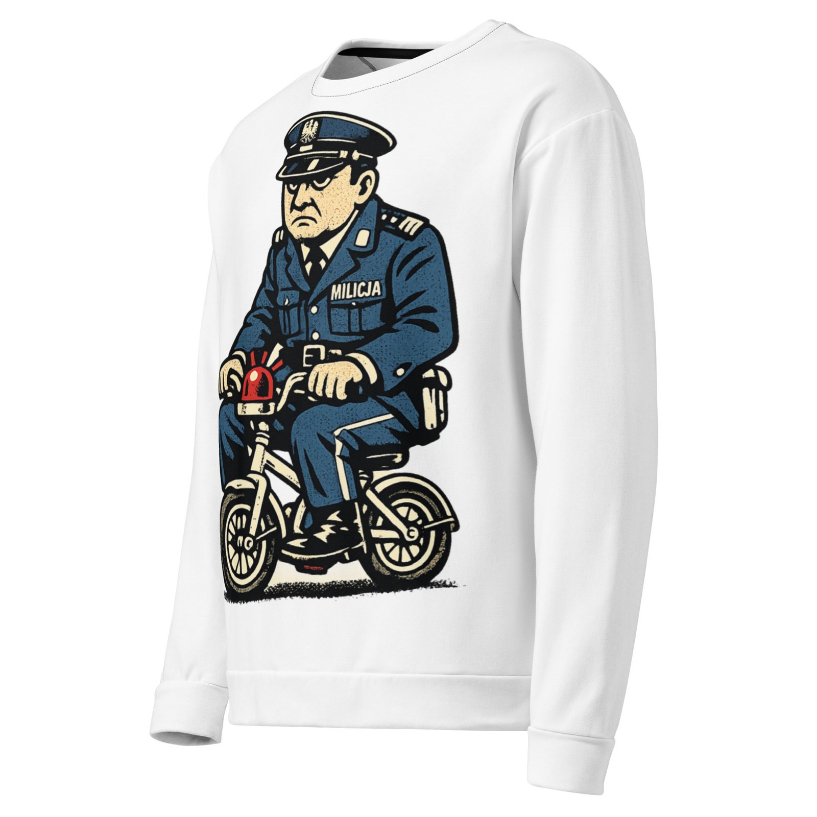 Męska bluza PRL z grafika milicjanta na rowerku – humorystyczna bluza retro| Zarn.pl Męska bluza PRL z grafika milicjanta na rowerku – humorystyczna bluza retro - obrazek 4