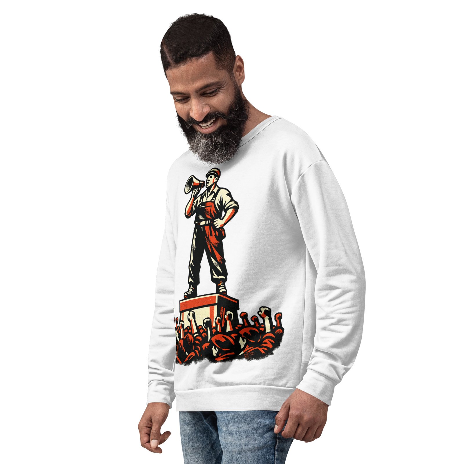 Męska bluza PRL z grafiką robotnika z megafonem – bluza retro w stylu propagandowym| Zarn.pl Męska bluza PRL z grafiką robotnika z megafonem – bluza retro w stylu propagandowym - obrazek 8
