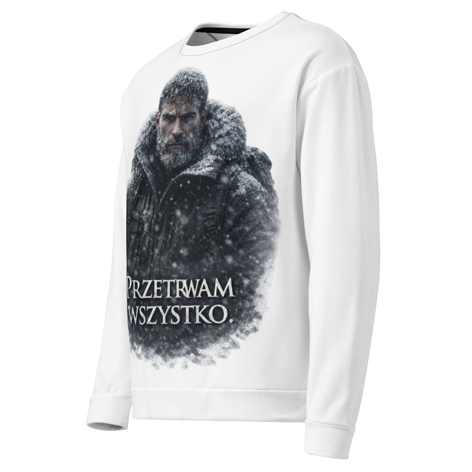 Męska bluza z grafiką „Przetrwam wszystko.” – bluza męska motywacyjna z podróżnikiem w zimowej scenerii| Zarn.pl Męska bluza z grafiką „Przetrwam wszystko.” – bluza męska motywacyjna z podróżnikiem w zimowej scenerii - obrazek 4