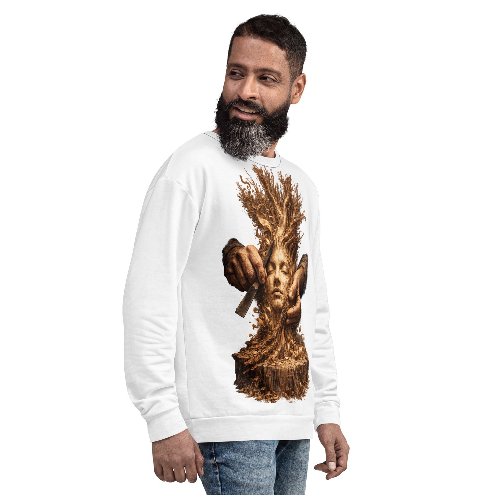 Męska bluza z grafiką drewnianej twarzy wyrzeźbionej w pniu – bluza męska inspirowana naturą i sztuką| Zarn.pl Męska bluza z grafiką drewnianej twarzy wyrzeźbionej w pniu – bluza męska inspirowana naturą i sztuką - obrazek 7