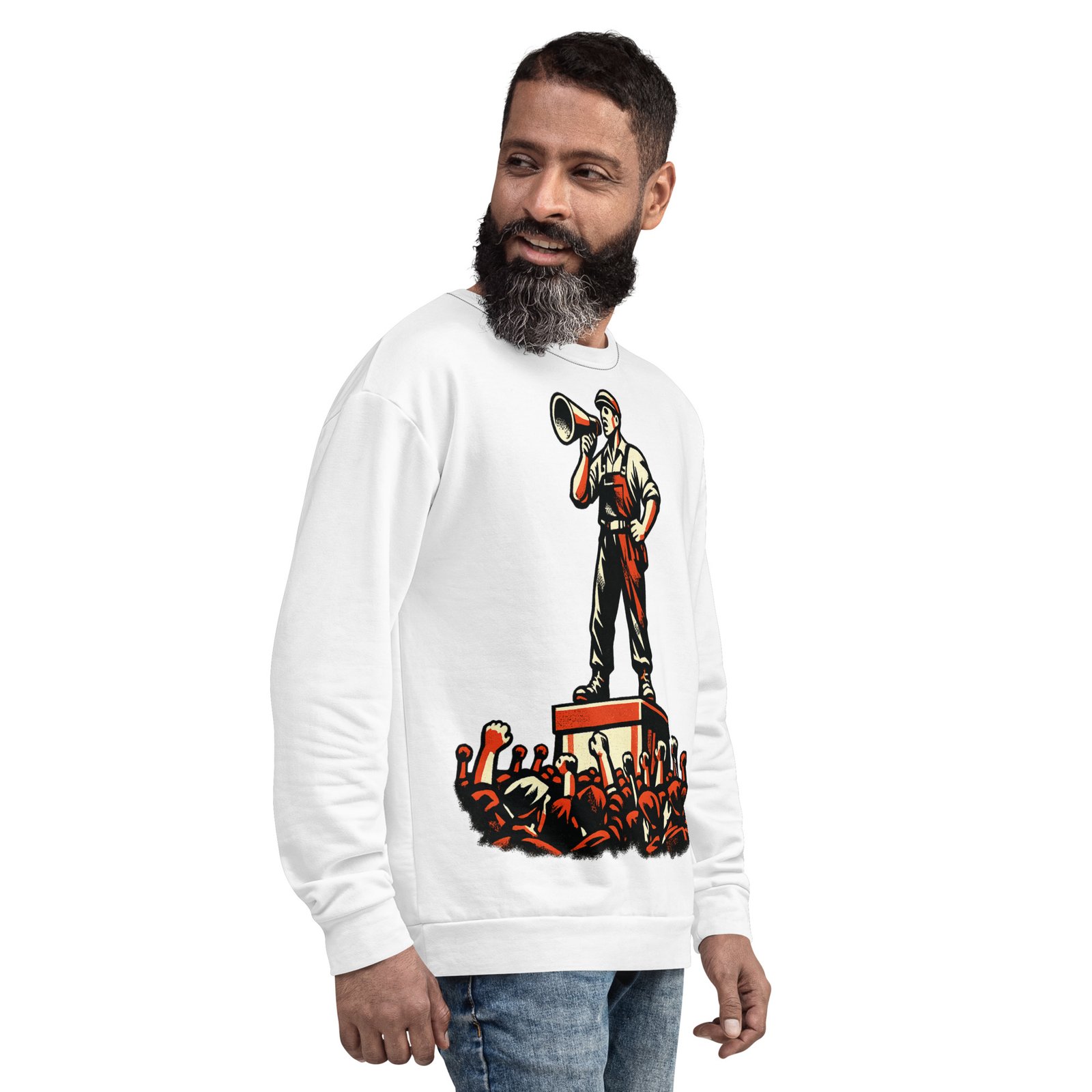 Męska bluza PRL z grafiką robotnika z megafonem – bluza retro w stylu propagandowym| Zarn.pl Męska bluza PRL z grafiką robotnika z megafonem – bluza retro w stylu propagandowym - obrazek 7