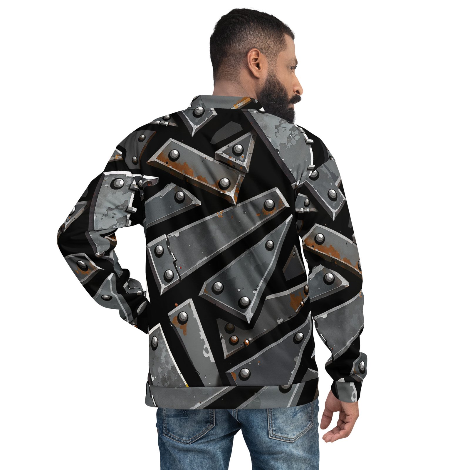 Męska bluza bomber z grafiką stalowych płyt nitowanych| Zarn.pl Męska bluza bomber z grafiką stalowych płyt nitowanych - obrazek 6