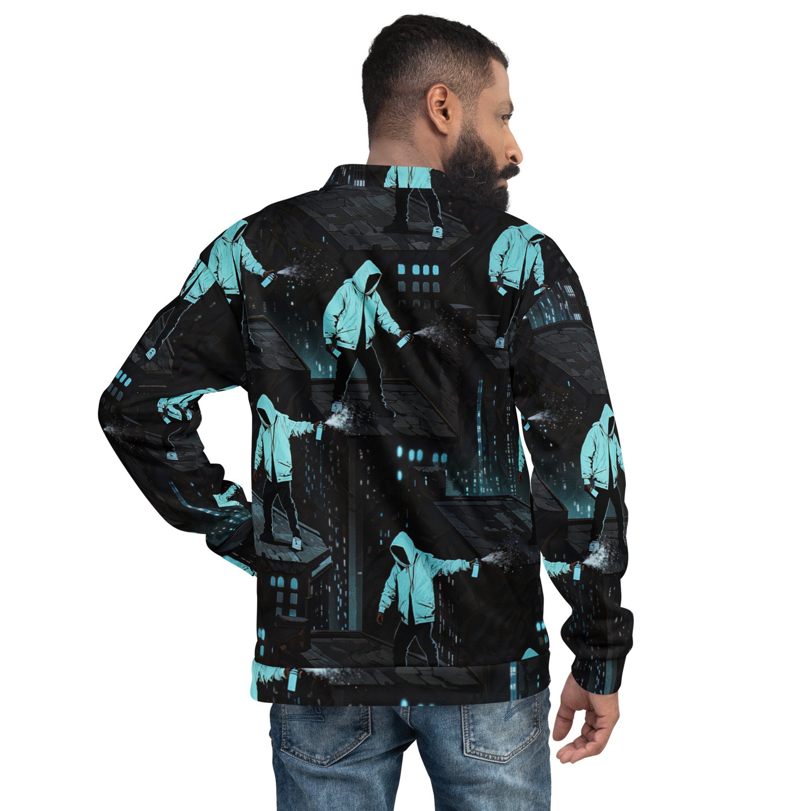 Męska bluza bomber z grafiką graffiti artysty na dachu miasta| Zarn.pl Męska bluza bomber z grafiką graffiti artysty na dachu miasta - obrazek 6