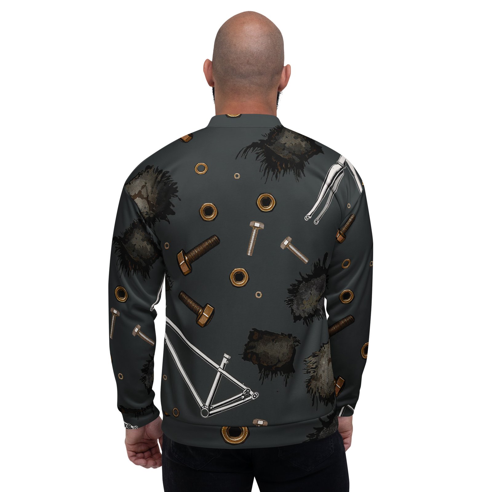 Męska bluza bomber z grafiką części rowerowych i śrub| Zarn.pl Męska bluza bomber z grafiką części rowerowych i śrub - obrazek 7