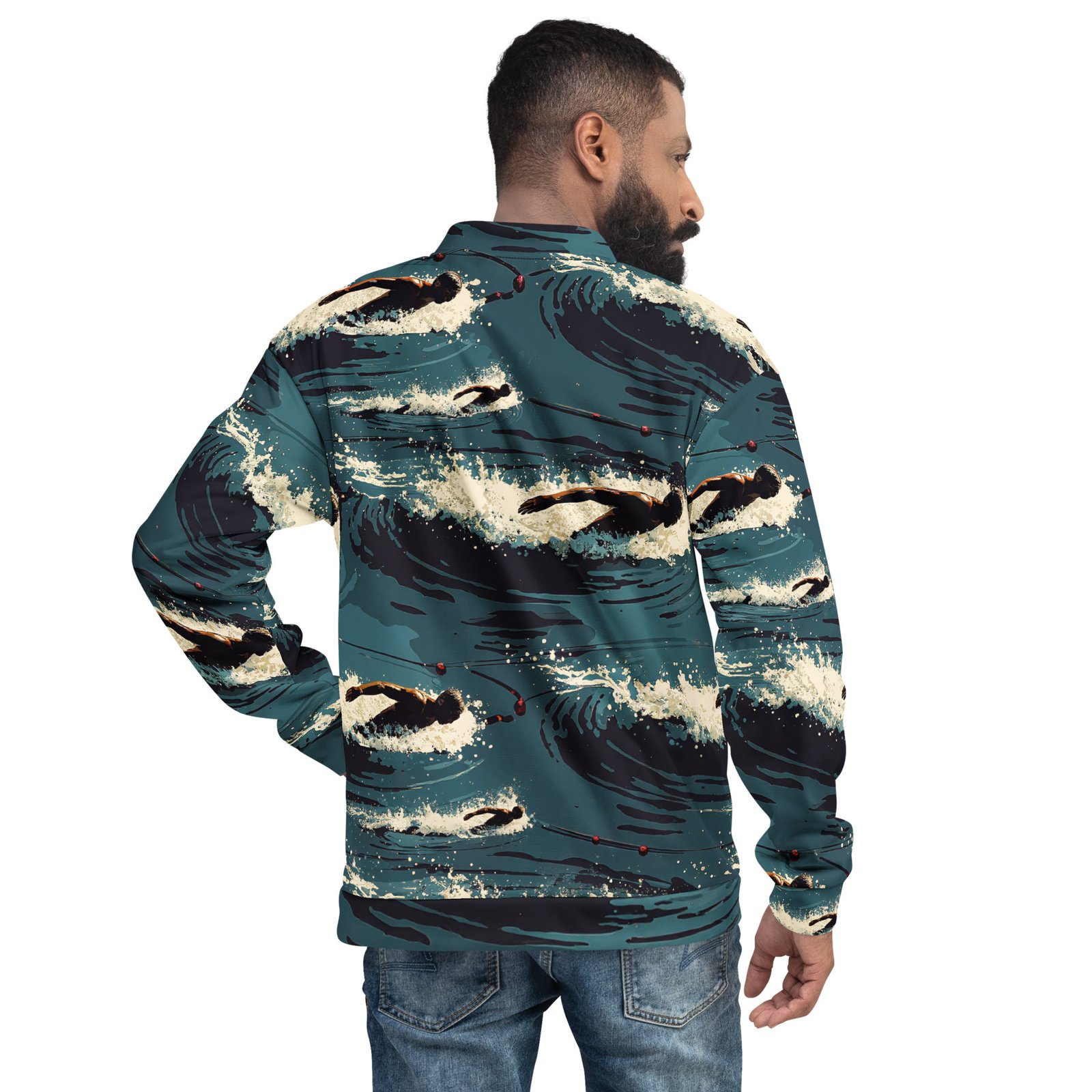 Męska bluza bomber z grafiką pływaka na otwartej wodzie| Zarn.pl Męska bluza bomber z grafiką pływaka na otwartej wodzie - obrazek 6